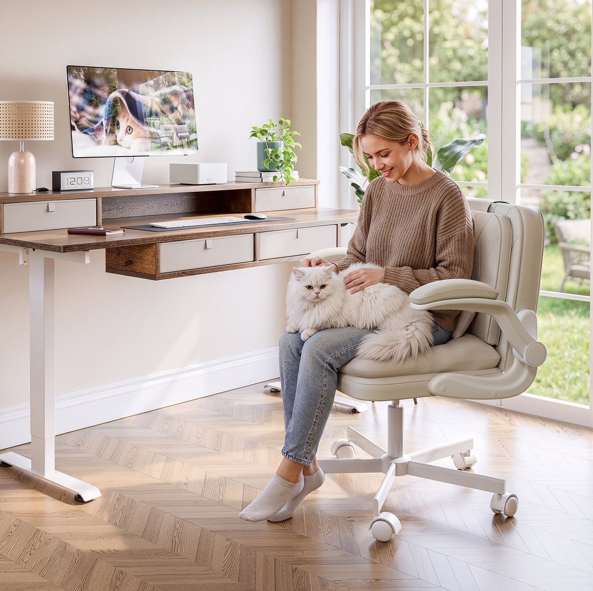 NETAJE Criss Cross Office Chair with Flip Backrest & Lumbar Pillow, Wide Cross Legged Desk Chair for Home Office, Bedroom