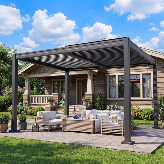 NETAJE 10'x12' Hardtop Louvered Pergola, Outdoor Metal Pavilion with Adjustable Louvered Roof and Drainage System for Patio Deck for Patio, Garden, Decks, Backyard