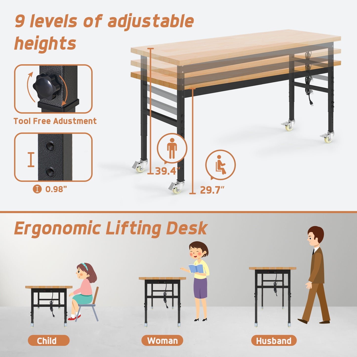 60" Heavy-Duty Work Bench Adjustable Workbench Work Table 2000 LB Load Capacity w/Hardwood Top, Power Outlets, Wheels and Metal Frame for Garage, Workshop, Office, Home, Workstation