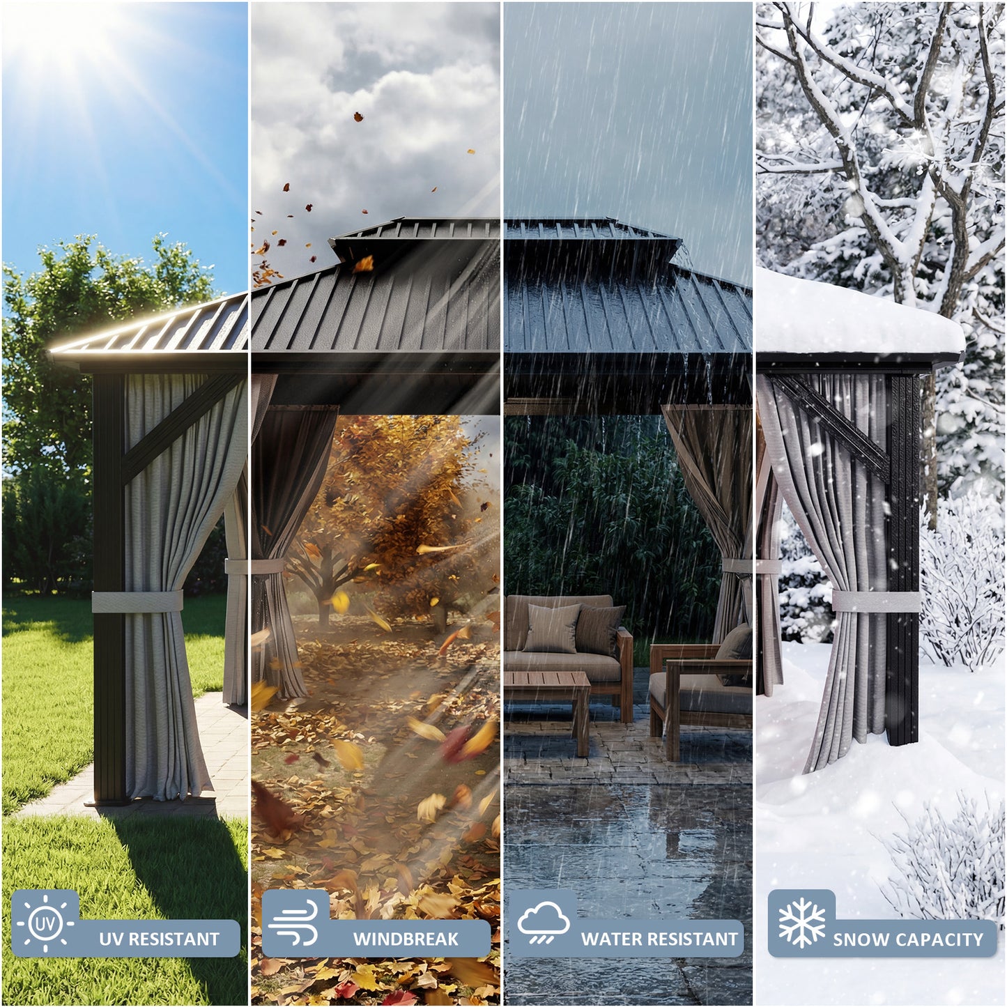 NETAJE 10'x12' Heavy Duty Hardtop Gazebo, Aluminum Frame & Galvanized Steel Double Roof Patio Pergola with Mosquito Netting and Curtains for Backyard, Garden