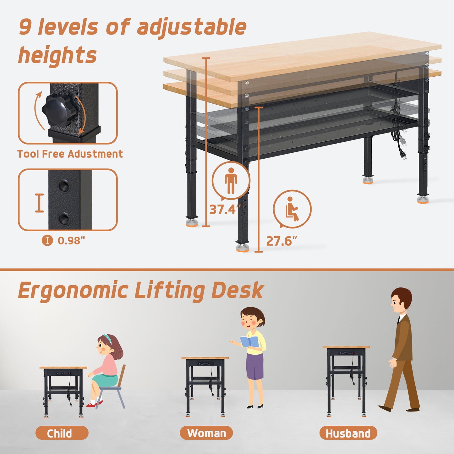 48" Heavy-Duty Workbench Adjustable Work Bench Work Table 2000 LB Load Capacity w/Hardwood Top, Foot Pads, Partition and Power Outlets for Garage, Workshop, Office, Home, Workstation