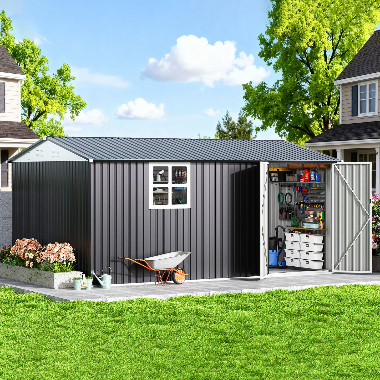 10'x14' Outdoor Metal Storage Garden Shed with Window, Lockable Doors and Air Vent for Backyard, Garden, Lawn, Dark Gray