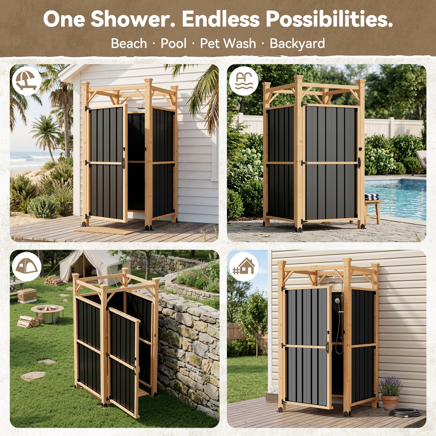 NETAJE Freestanding Outdoor Shower Enclosure,Wood Privacy Shower Stall with Metal Panels and Lockable Door,Waterproof Backyard Shower Room for Poolside, Patio & Beach House