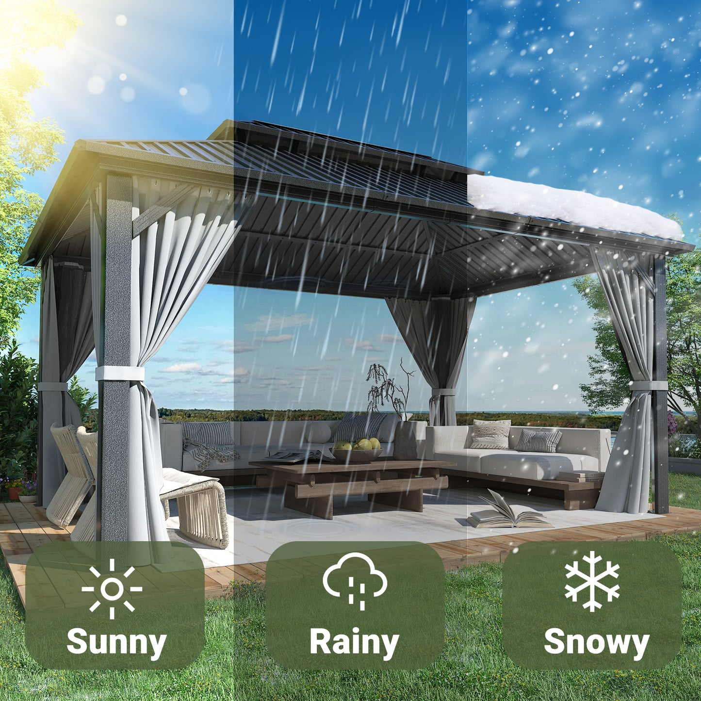 NETAJE 10x14 FT Hardtop Gazebo, Heavy Duty Gazebo with Aluminum Frame, Galvanized Steel Double Roof & Mosquito Net for Garden, Patio, Grey
