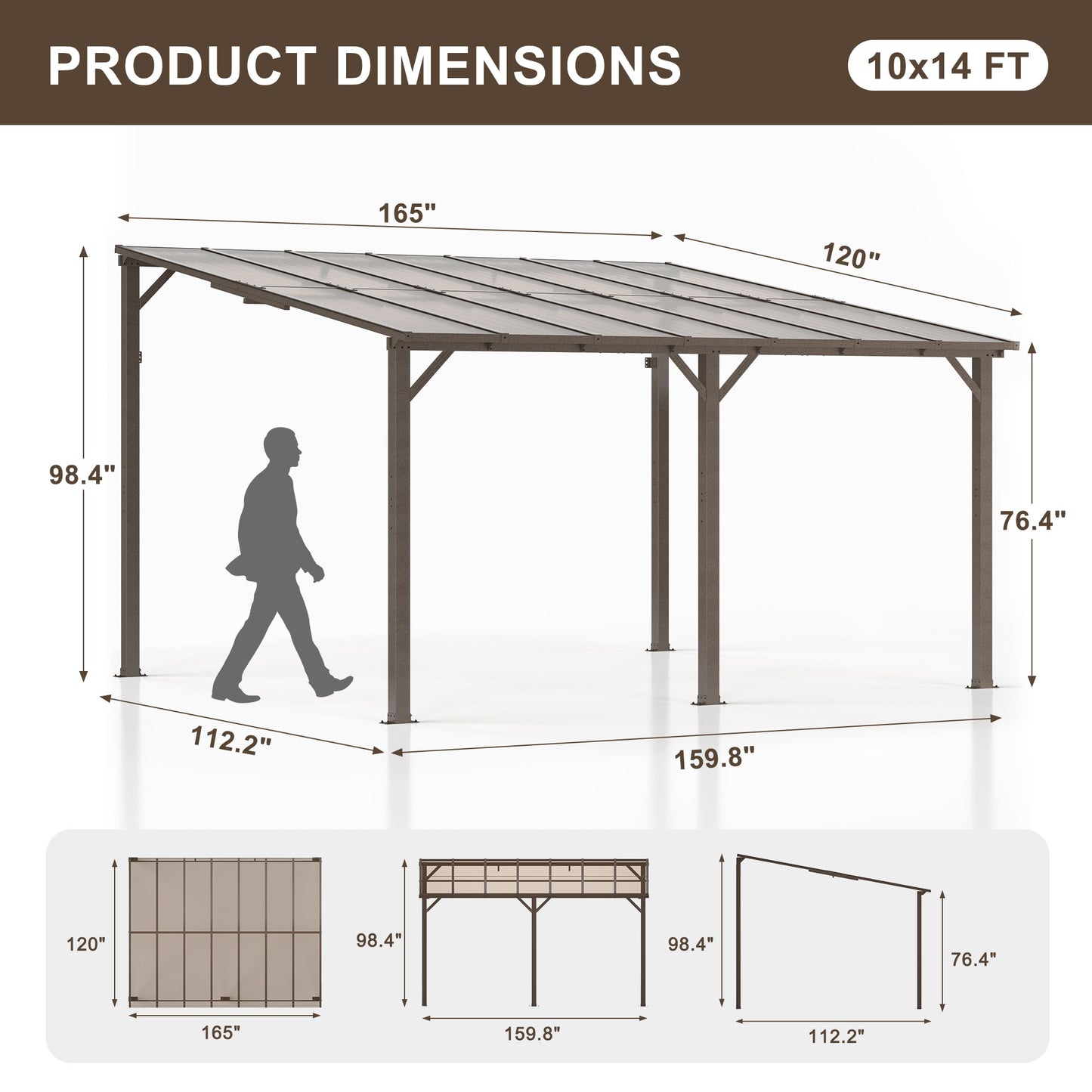 10' x 14' Gazebo, Outdoor Wall Mounted Gazebo & Pergola with Aluminum Frame for Patio, Decks, Porch and Backyard