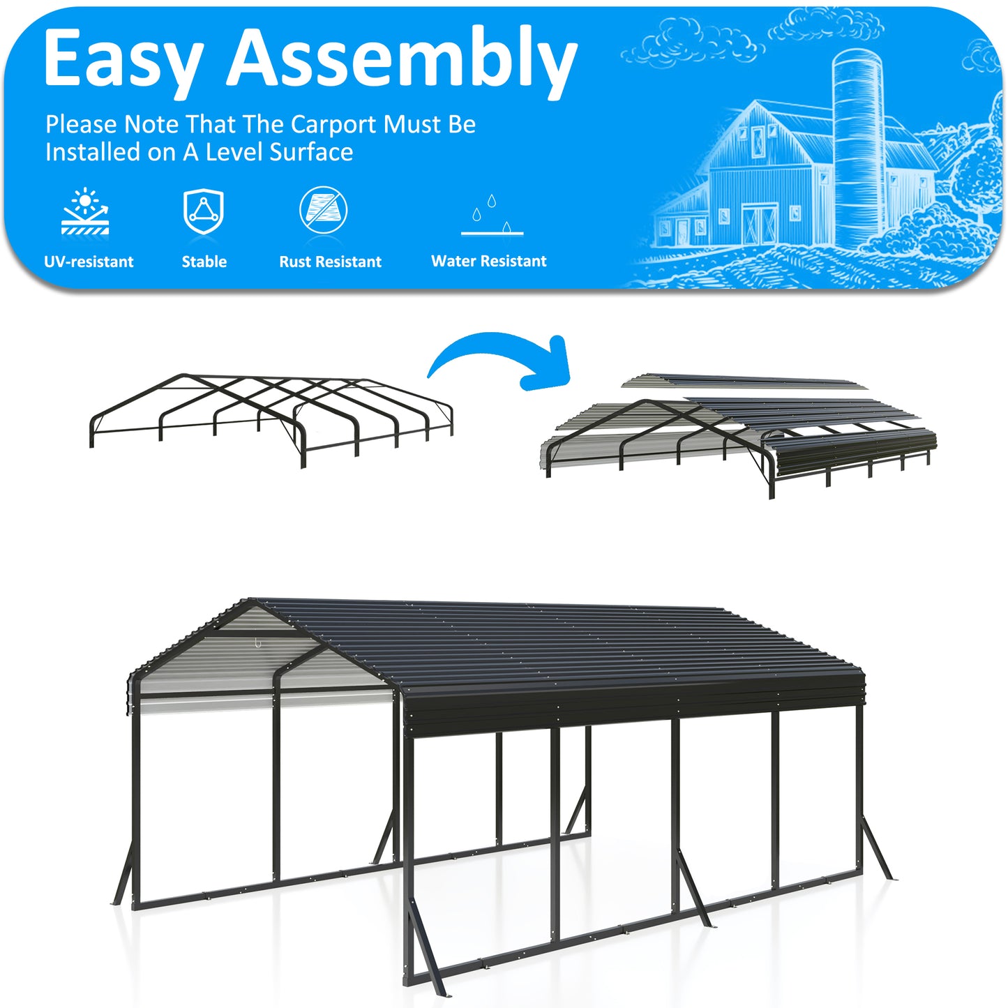 12x20ft Outdoor Heavy Duty Garage Galvanized Carport with Enhanced Base for Pickup, Boat, Car and Tractors