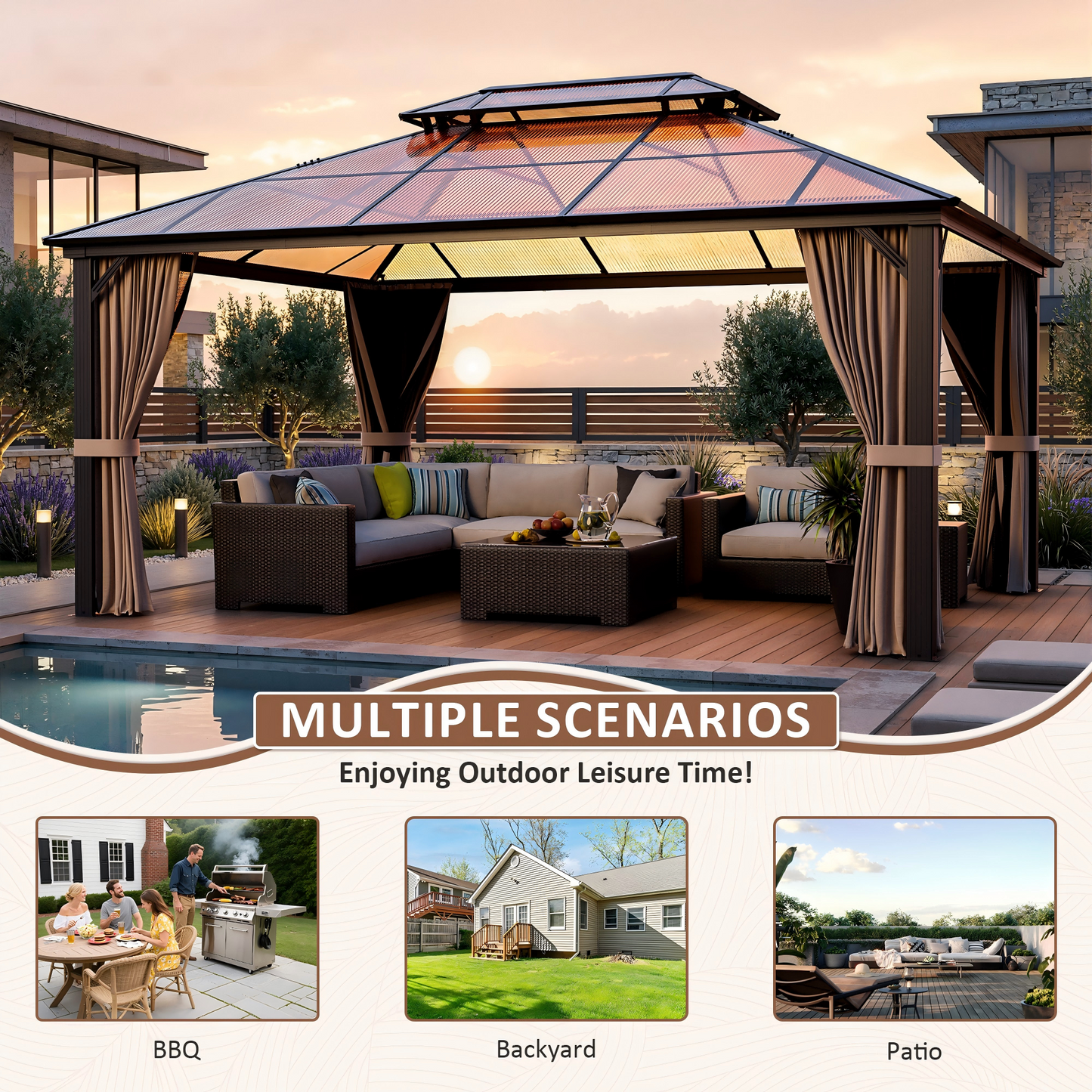 NETAJE 12x16 FT Hardtop Gazebo, Heavy Duty Gazebo with Aluminum Frame and PC Panel Double Roof, Outdoor Permanent Pavilion with Curtains and Mosquito Netting for Patio, Backyard, Lawn