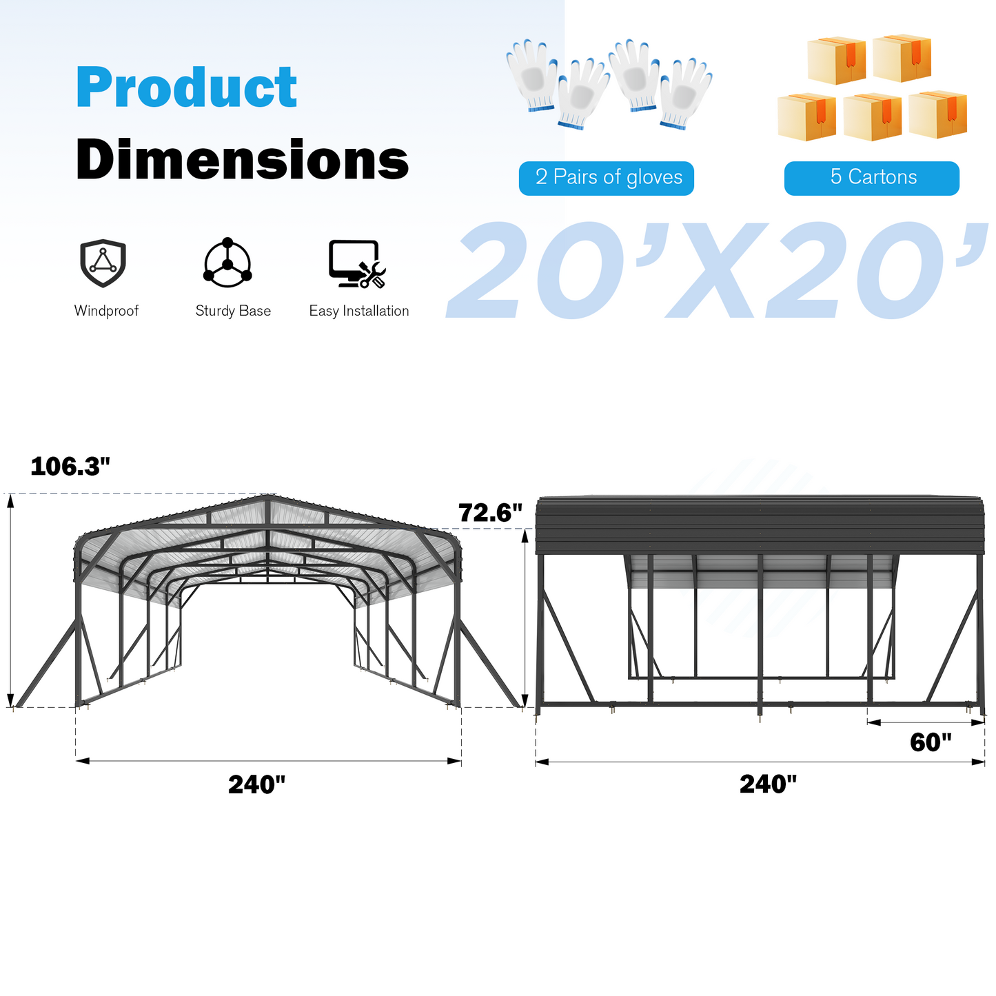 NETAJE 20’X20’ Outdoor Heavy-Duty Carport Galvanized Steel Roof with Reinforced Stable Triangle Frame & Enhanced Base for Car, Pickup and Truck