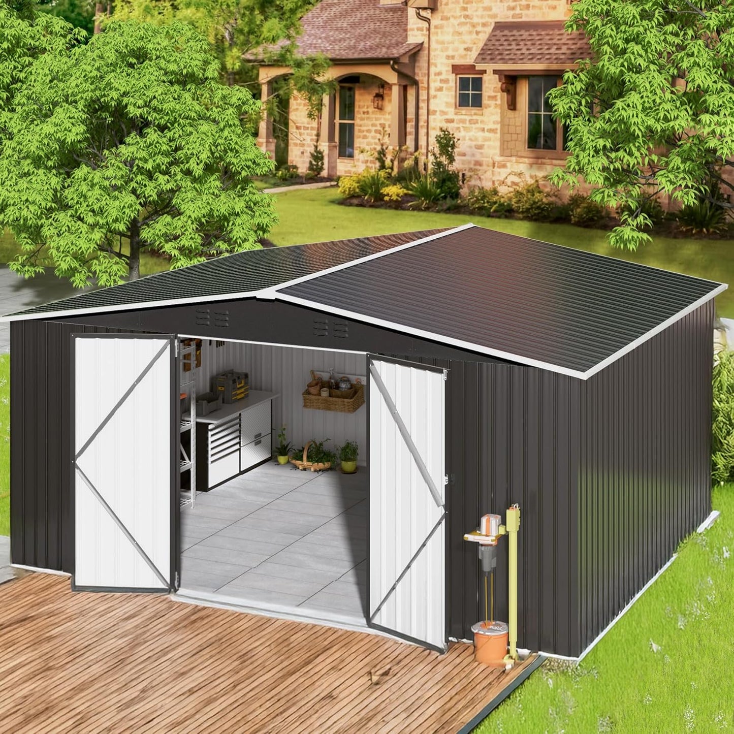 NETAJE 12'x14' Outdoor Metal Shed with Lockable Doors and Updated Frame for Backyard, Garden, Lawn, Black