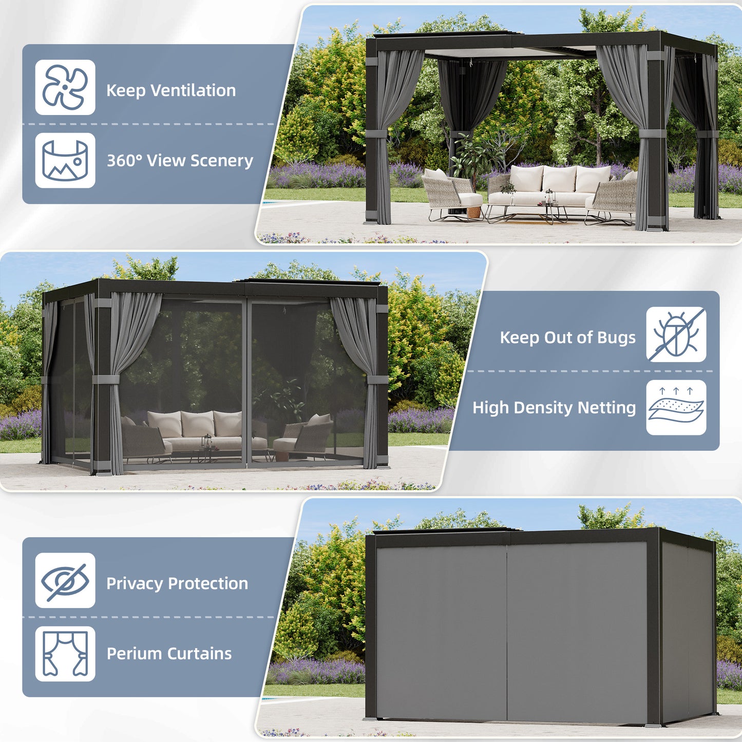 NETAJE 10'x12' Hardtop Louvered Pergola, Aluminum Outdoor Pavilion with Adjustable Louvered Roof & Drainage System, Permanent Gazebo with Curtains and Netting for Patio, Garden, Decks