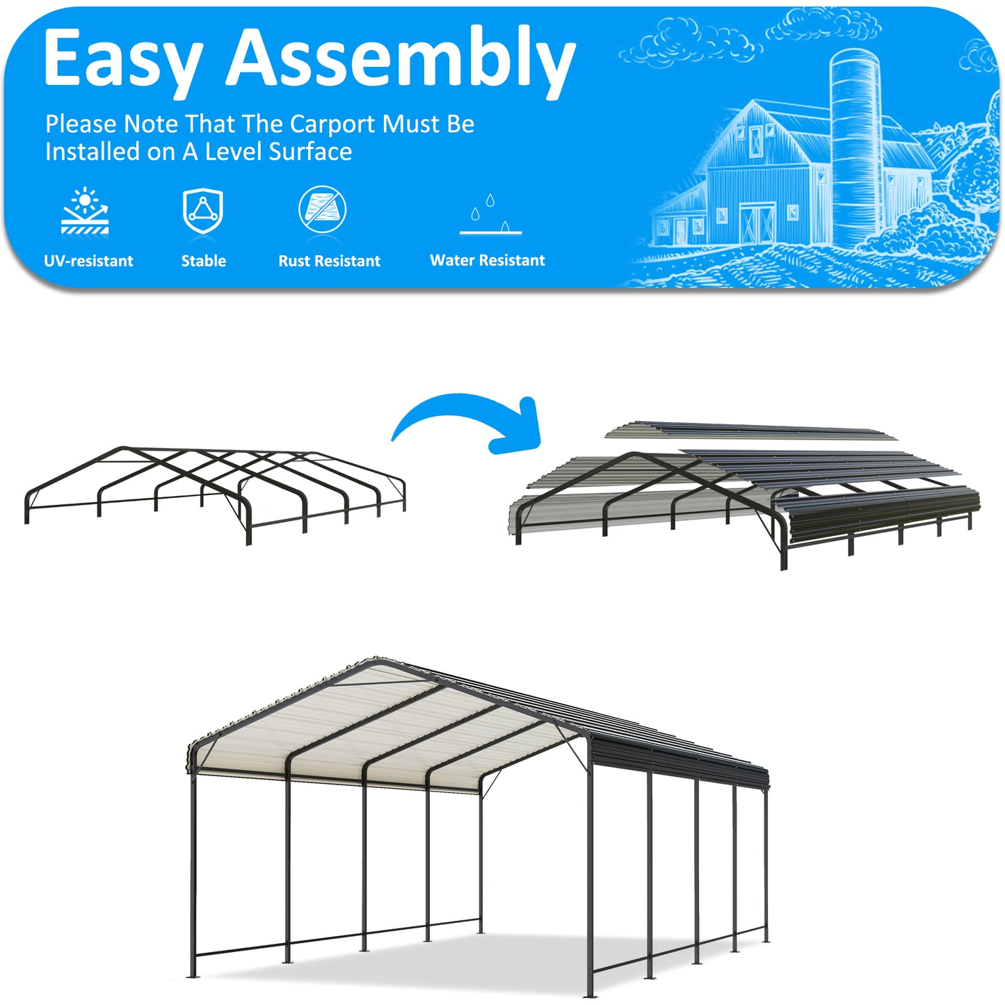 10' x 15' Heavy-Duty Metal Carport, Enhanced Base, Galvanized Steel Roof for Car, Boats and Truck