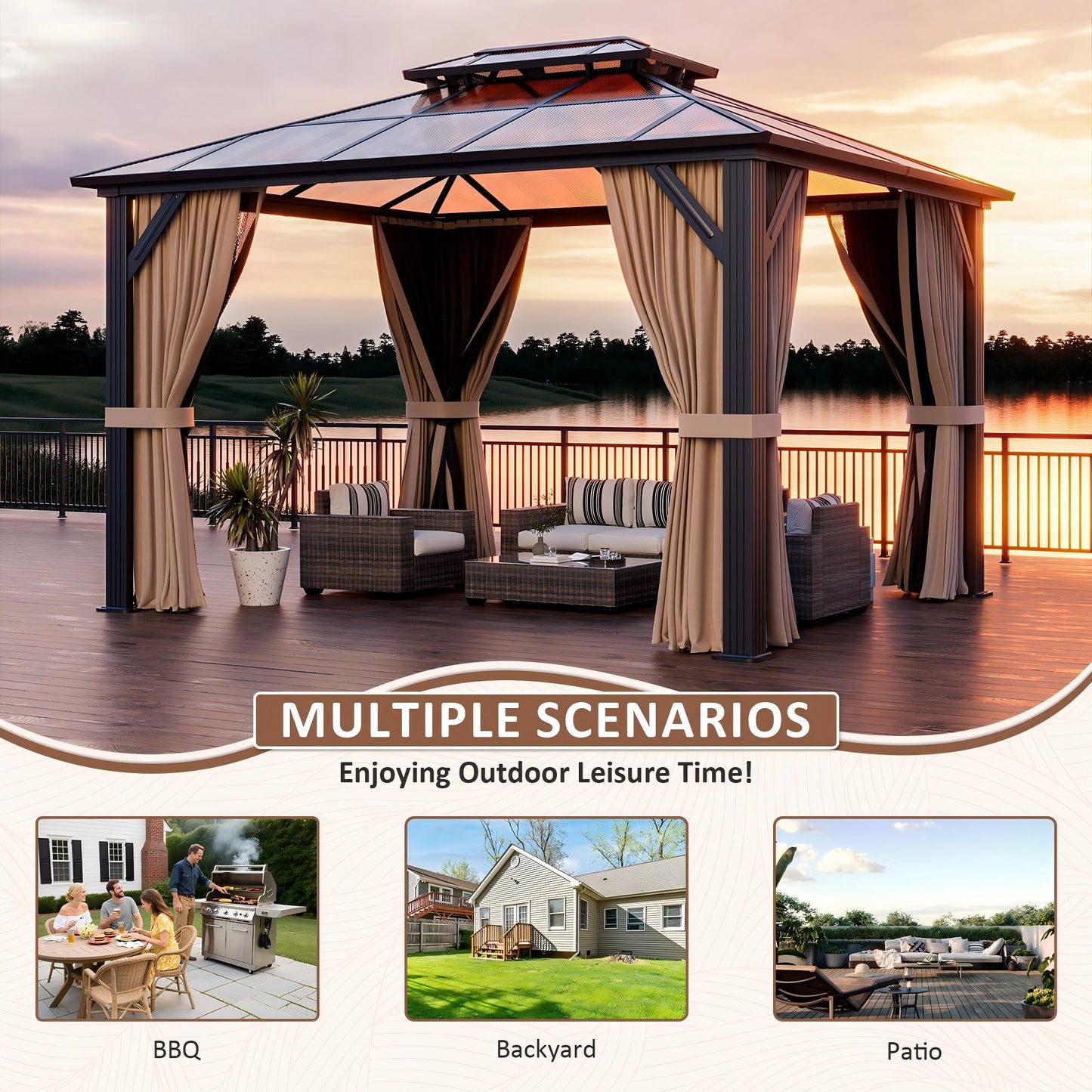 NETAJE 10x12 FT Hardtop Gazebo, Heavy Duty Gazebo with Aluminum Frame and PC Panel Double Roof, Outdoor Permanent Pavilion with Curtains and Mosquito Netting for Patio, Backyard, Lawn