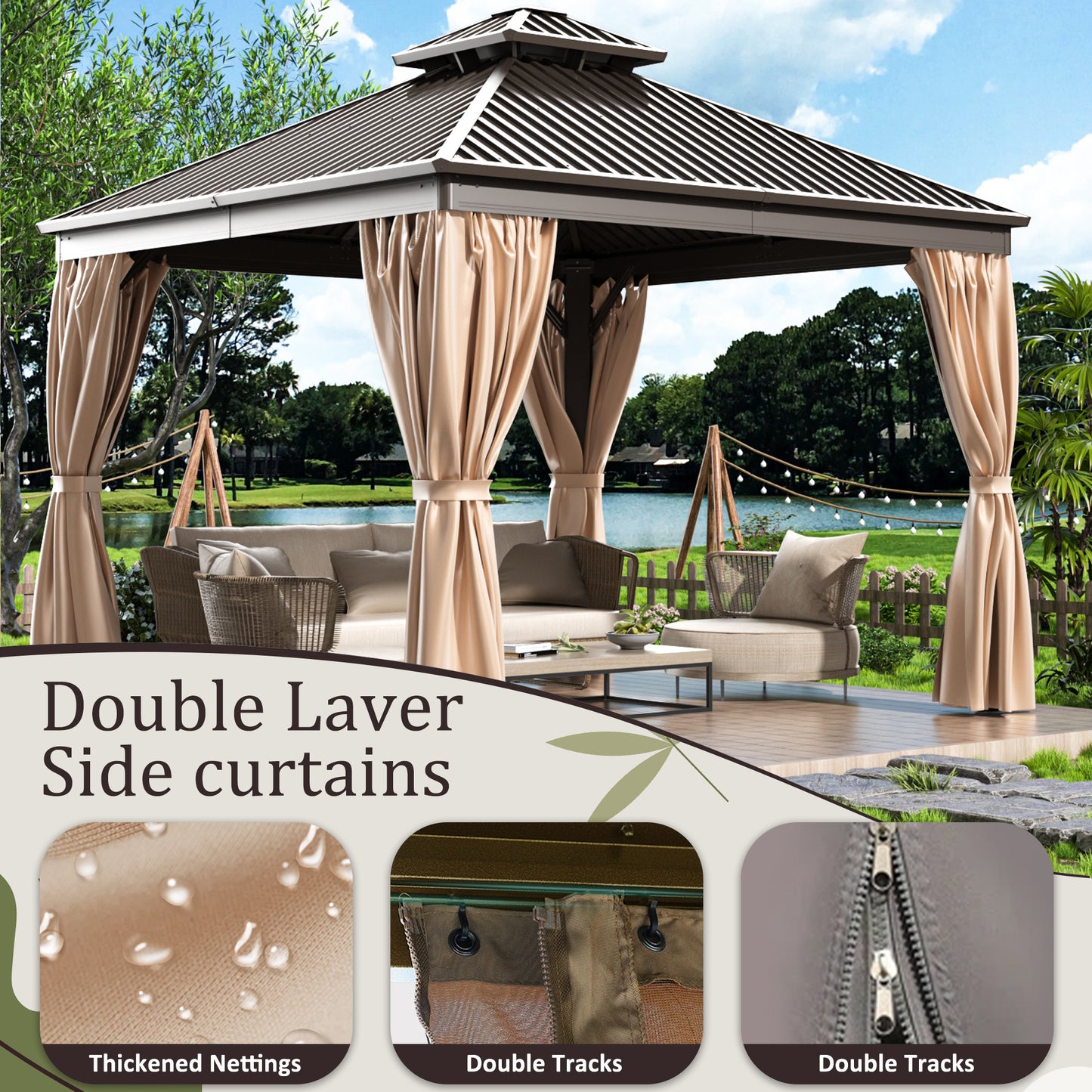 10x10 FT Hardtop Gazebo, Heavy Duty Gazebo with Aluminum Frame and Galvanized Steel Double Roof for Garden, Patio, Lawns, Brown