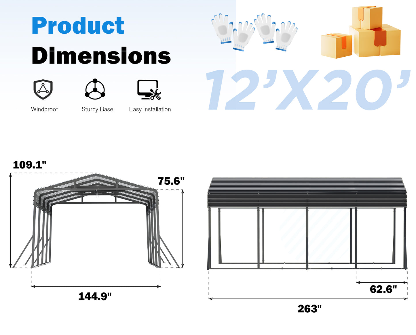 12’X20’ Outdoor Heavy-Duty Carport Galvanized Steel Roof with Reinforced Stable Triangle Frame & Enhanced Base for Car, Pickup and Truck