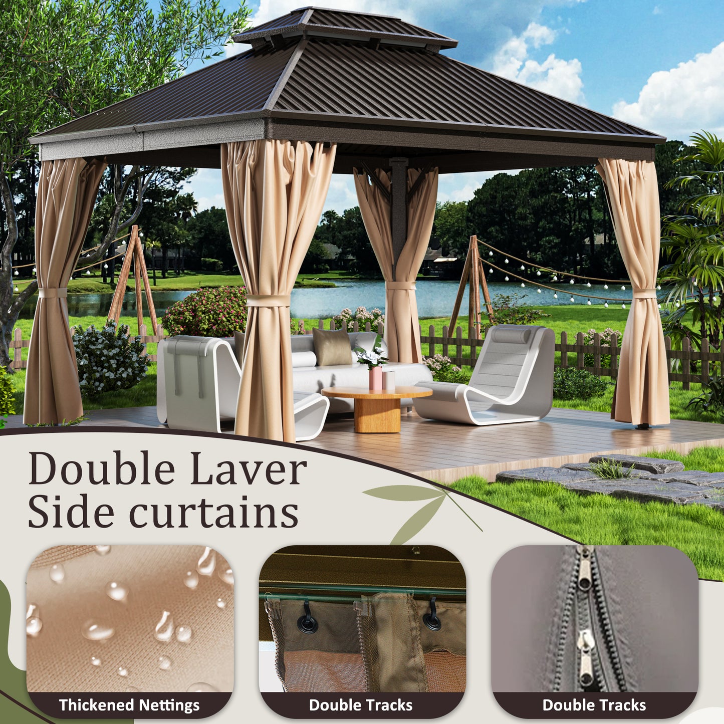 10x12 FT Hardtop Gazebo, Heavy Duty Gazebo with Aluminum Frame and Galvanized Steel Double Roof for Garden, Patio, Lawns, Brown