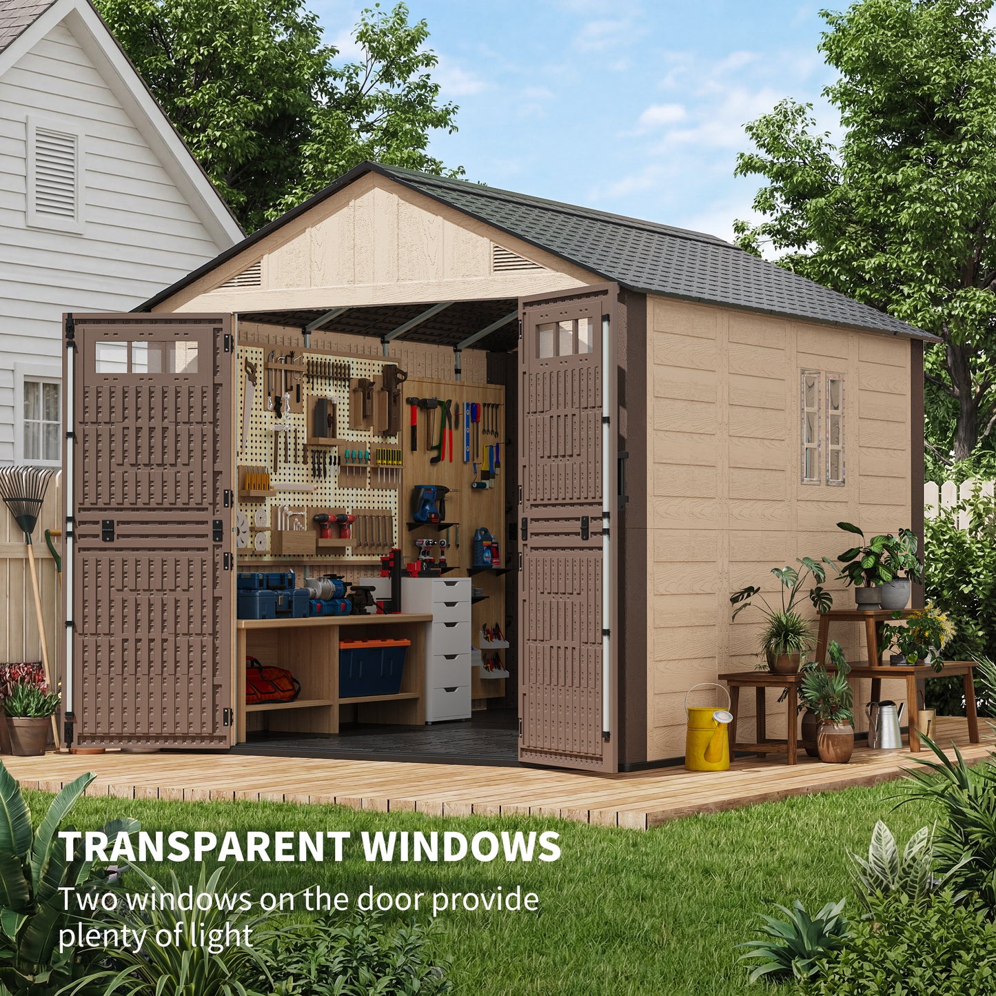 NETAJE 8x10 ft Resin Storage Shed, Outdoor Plastic Tool Shed with Floor, Lockable Door, Window and Vents for Patio, Backyard, Beige & Brown