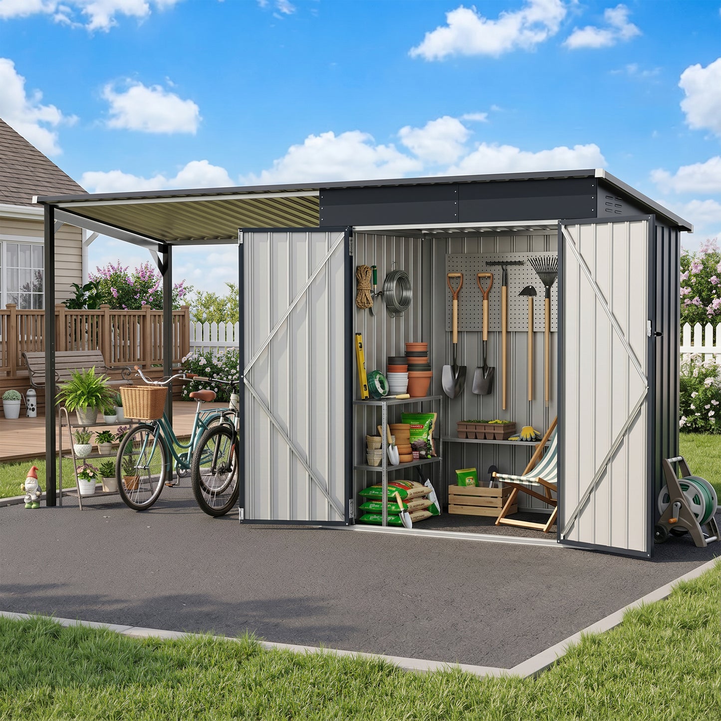 NETAJE 12x4 ft 2-in-1 Outdoor Storage Shed and Hardtop Pergola Combo, Metal Lean to Shed with Lockable Door for Patio, Backyard, Deck