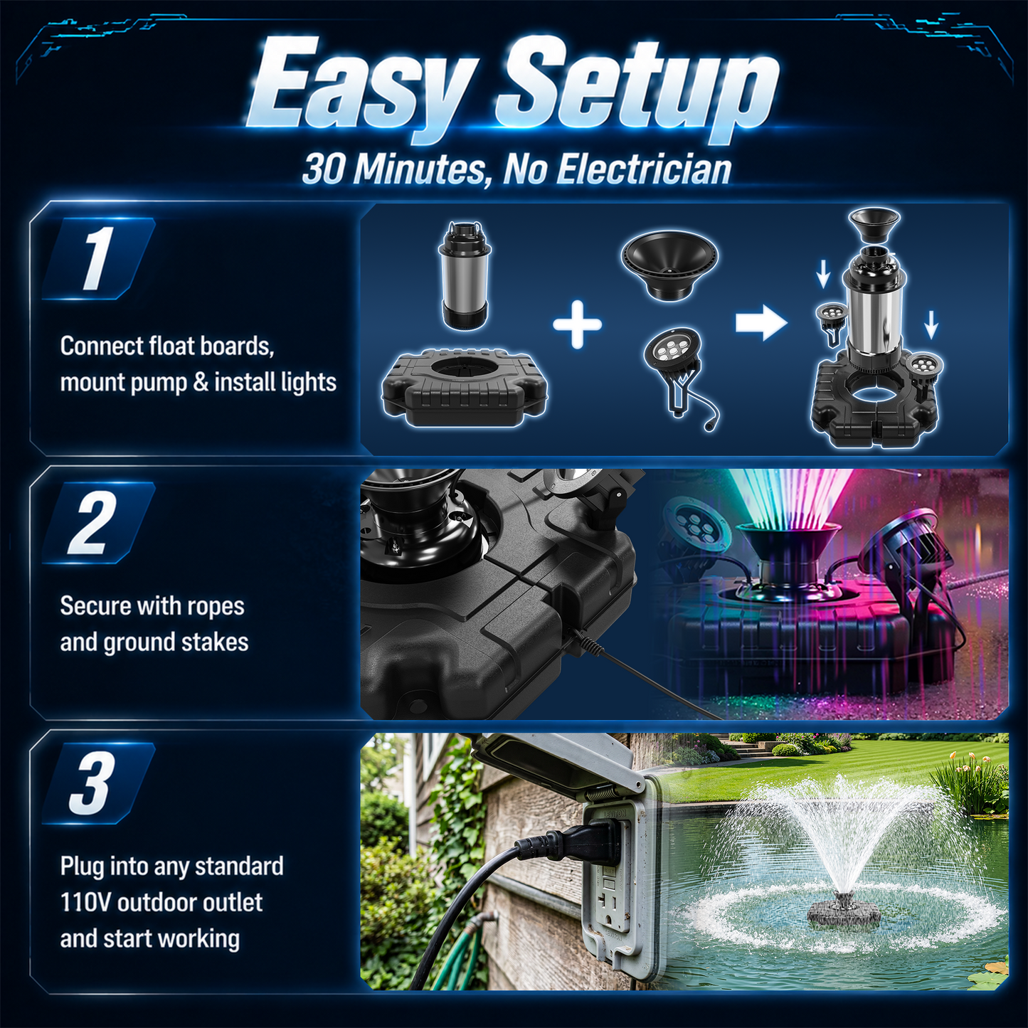 Pond Fountain Aerator with Color Changing LED Lights & Remote, Outdoor Water Fountain Pump for Ponds & Lakes,1HP 110V 750W 15000 GPH，Black