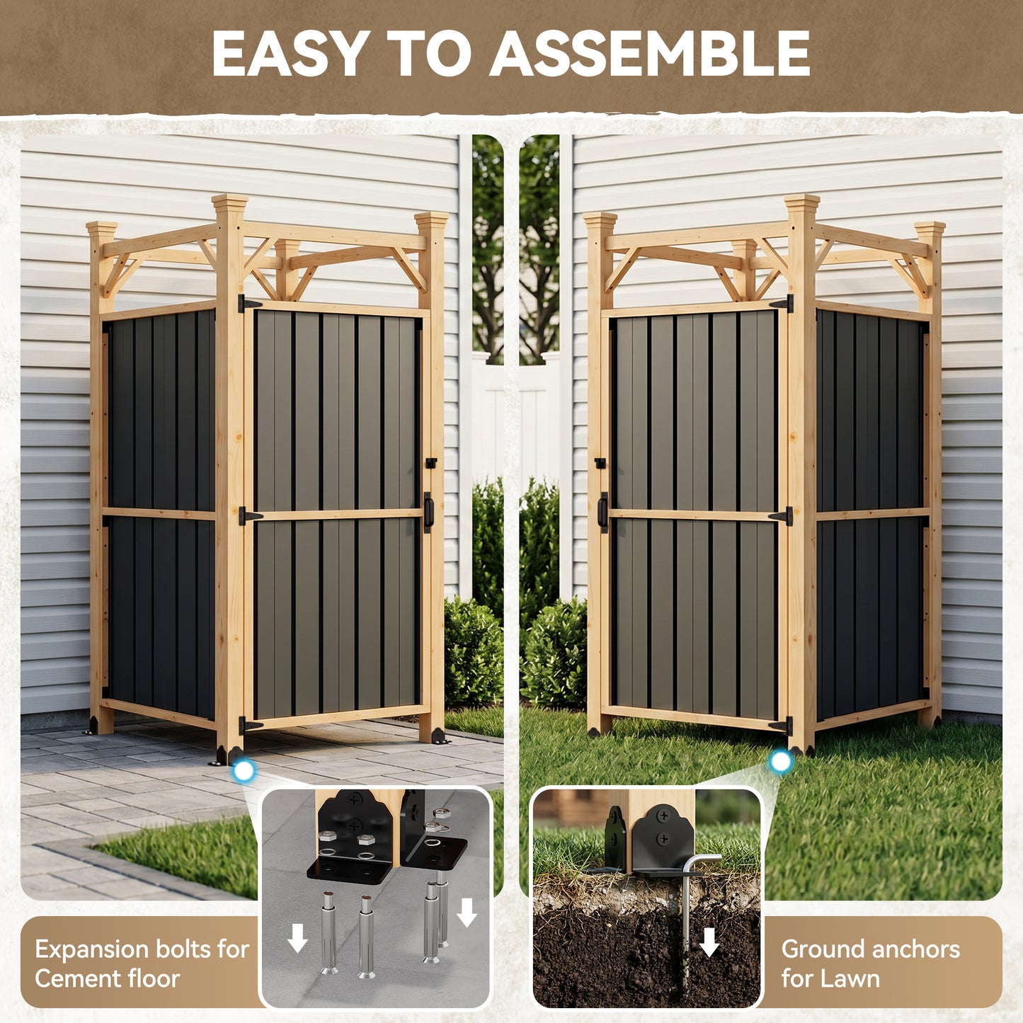 NETAJE Freestanding Outdoor Shower Enclosure,Wood Privacy Shower Stall with Metal Panels and Lockable Door,Waterproof Backyard Shower Room for Poolside, Patio & Beach House