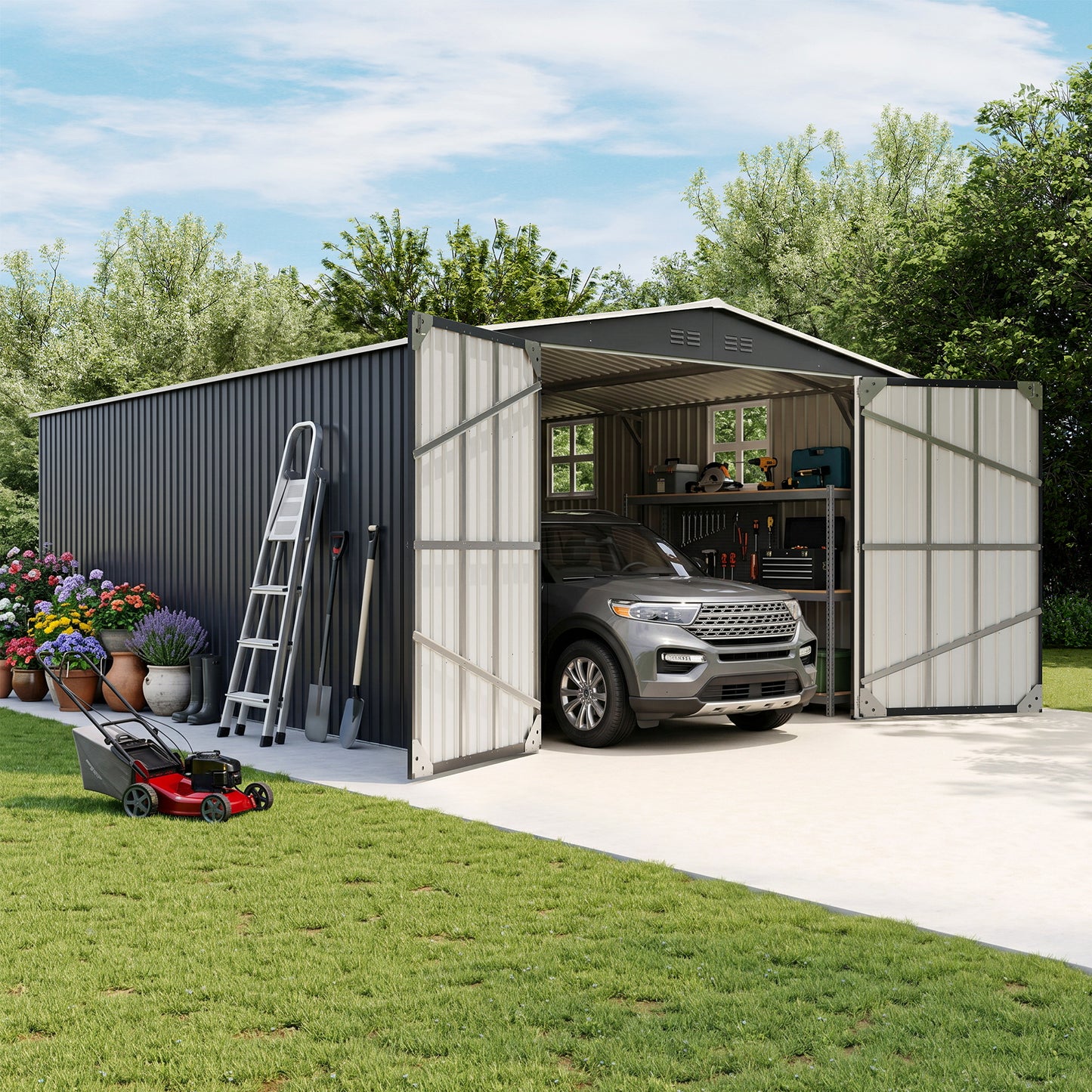 NETAJE 12'x20' Outdoor Metal Storage Shed, Extra Large Metal Garage Shed with Featuring Sturdy Metal Frame, Window, Lockable Doors and Air Vent for Car, Boat, Truck, Black