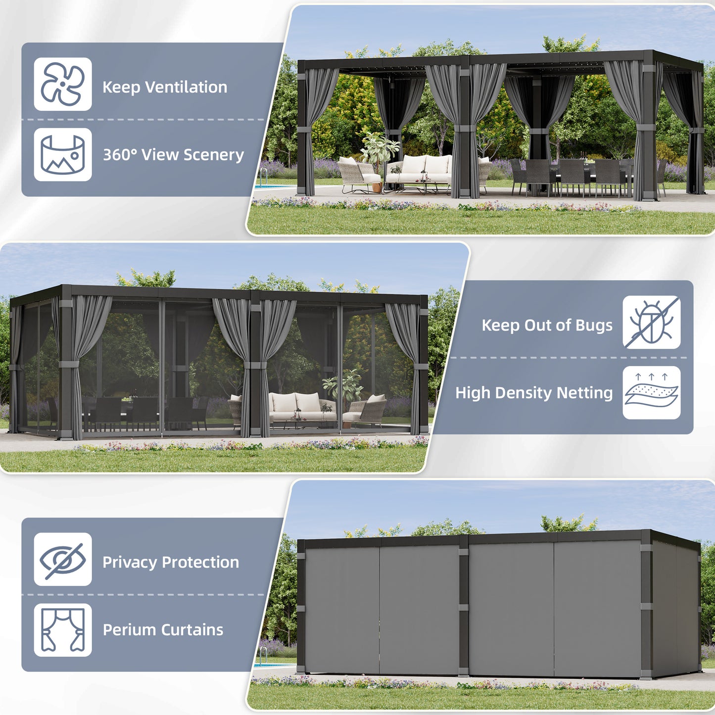 NETAJE 12'x20' Hardtop Louvered Pergola, Aluminum Outdoor Pavilion with Adjustable Louvered Roof & Drainage System, Permanent Gazebo with Curtains and Netting for Patio, Garden, Decks