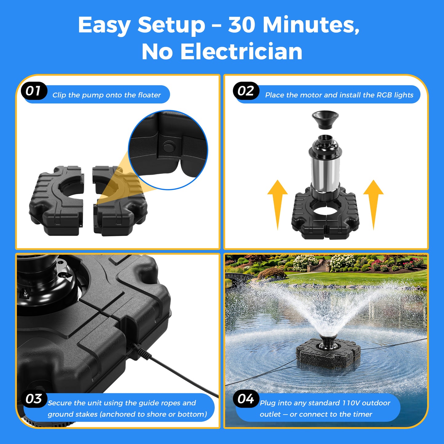 Floating Pond Fountain Aerator Pump for Outdoor Ponds and Pools with Optional LED Lights