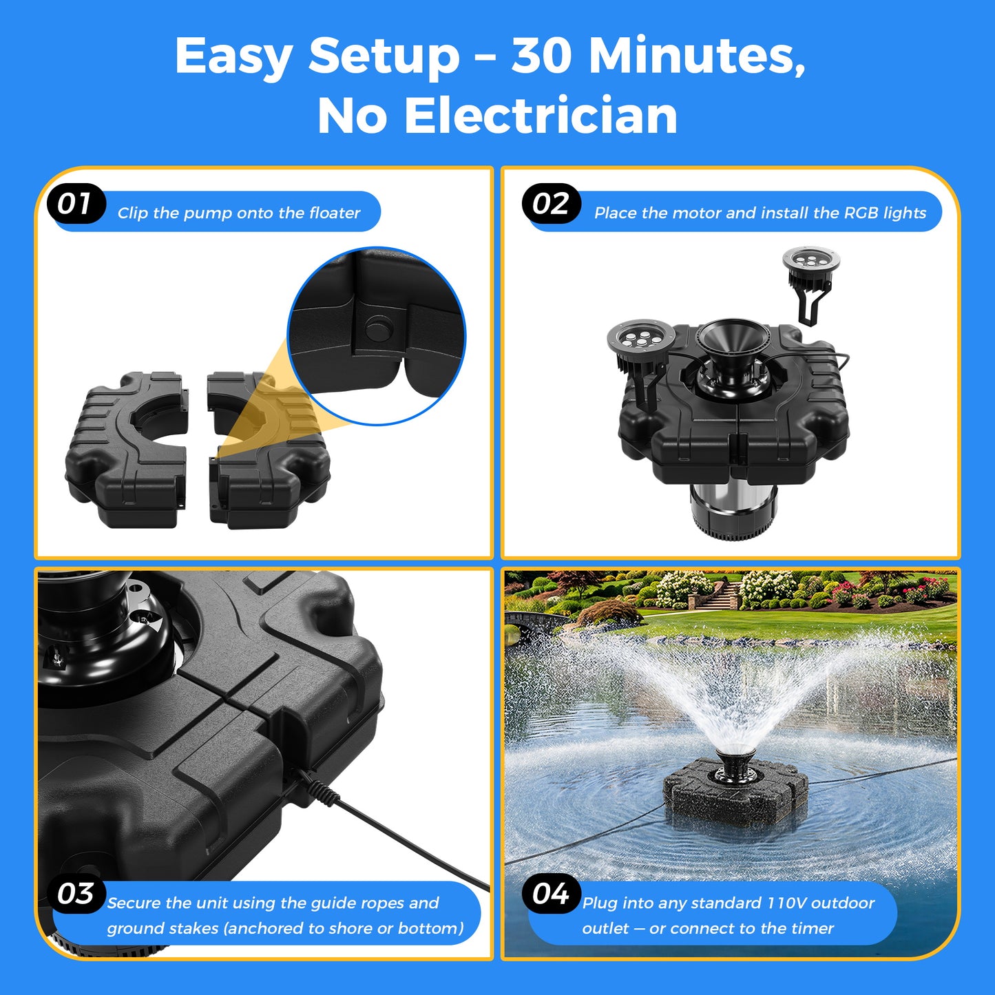 Floating Pond Fountain Aerator Pump for Outdoor Ponds and Pools with 2 LED Lights