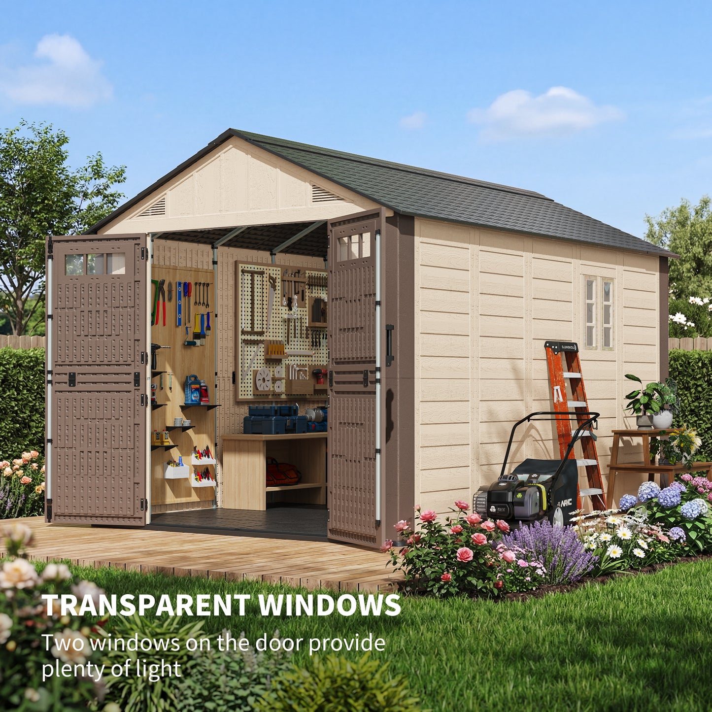 NETAJE 8x12 ft Resin Storage Shed, Outdoor Plastic Tool Shed with Floor, Lockable Door, Window and Vents for Patio, Backyard, Beige & Brown