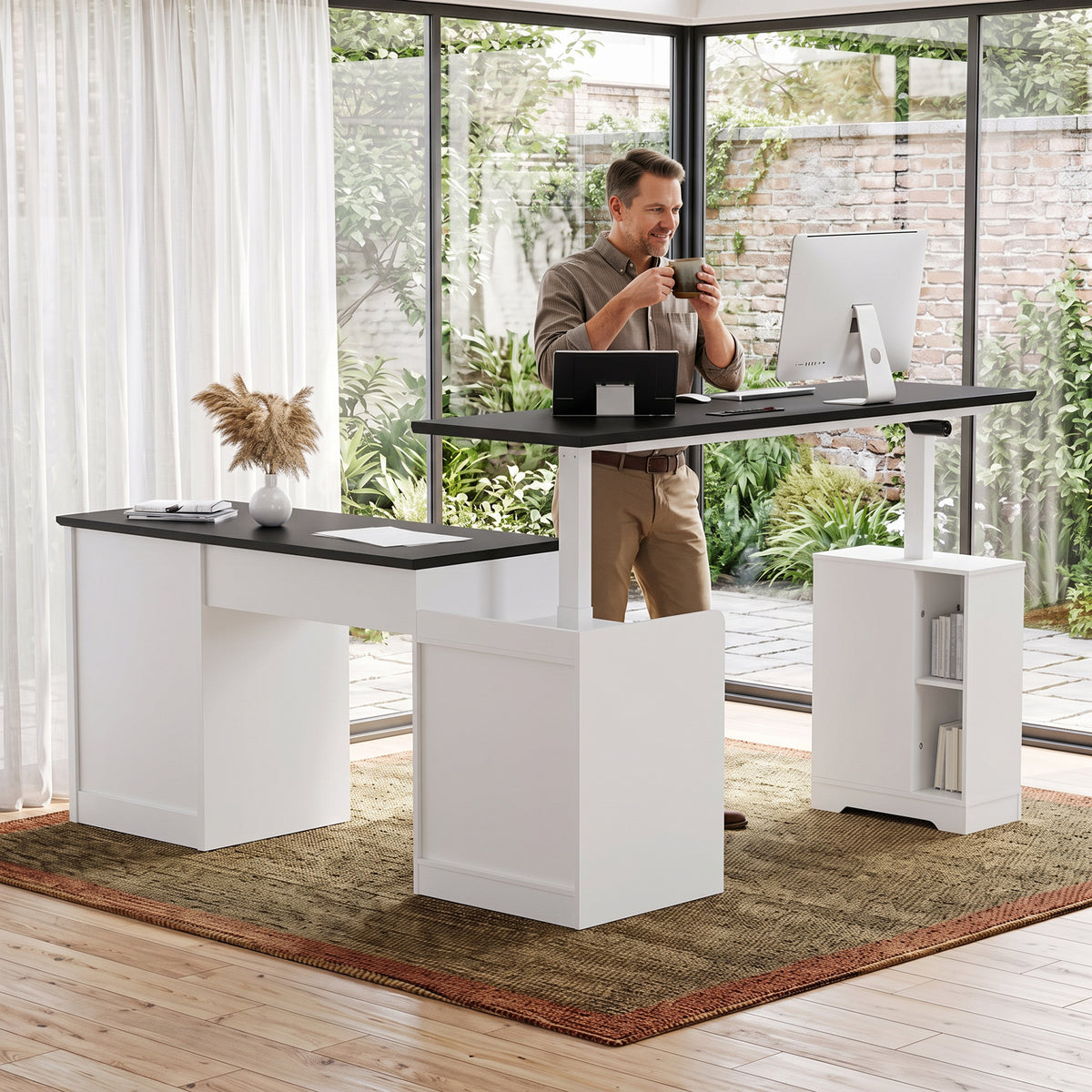 NETAJE L Shaped Electric Standing Desk, Height Adjustable Sit Stand Computer Desk with Power Outlet, Reversible Home Office Desk