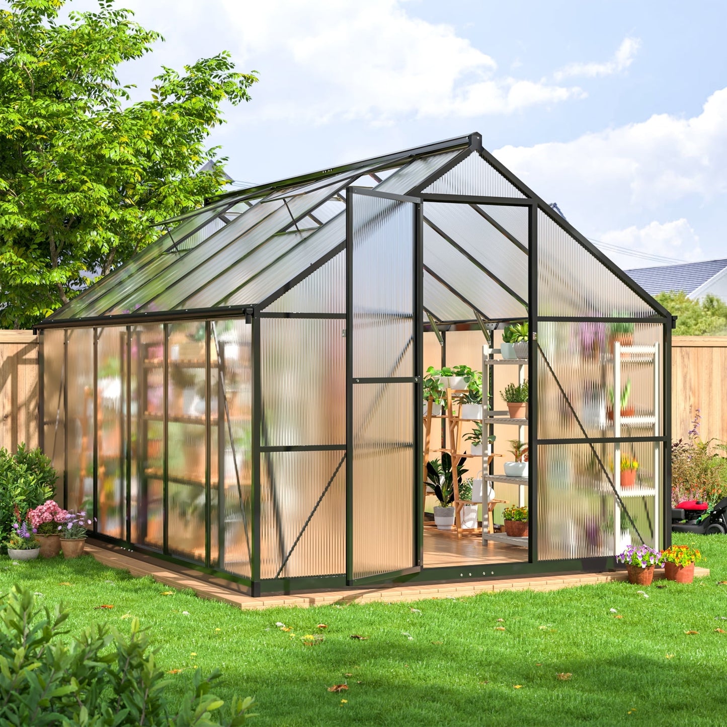 12' x 8' Polycarbonate Greenhouse, Large Aluminum Walk-in Green House with Window for Backyard