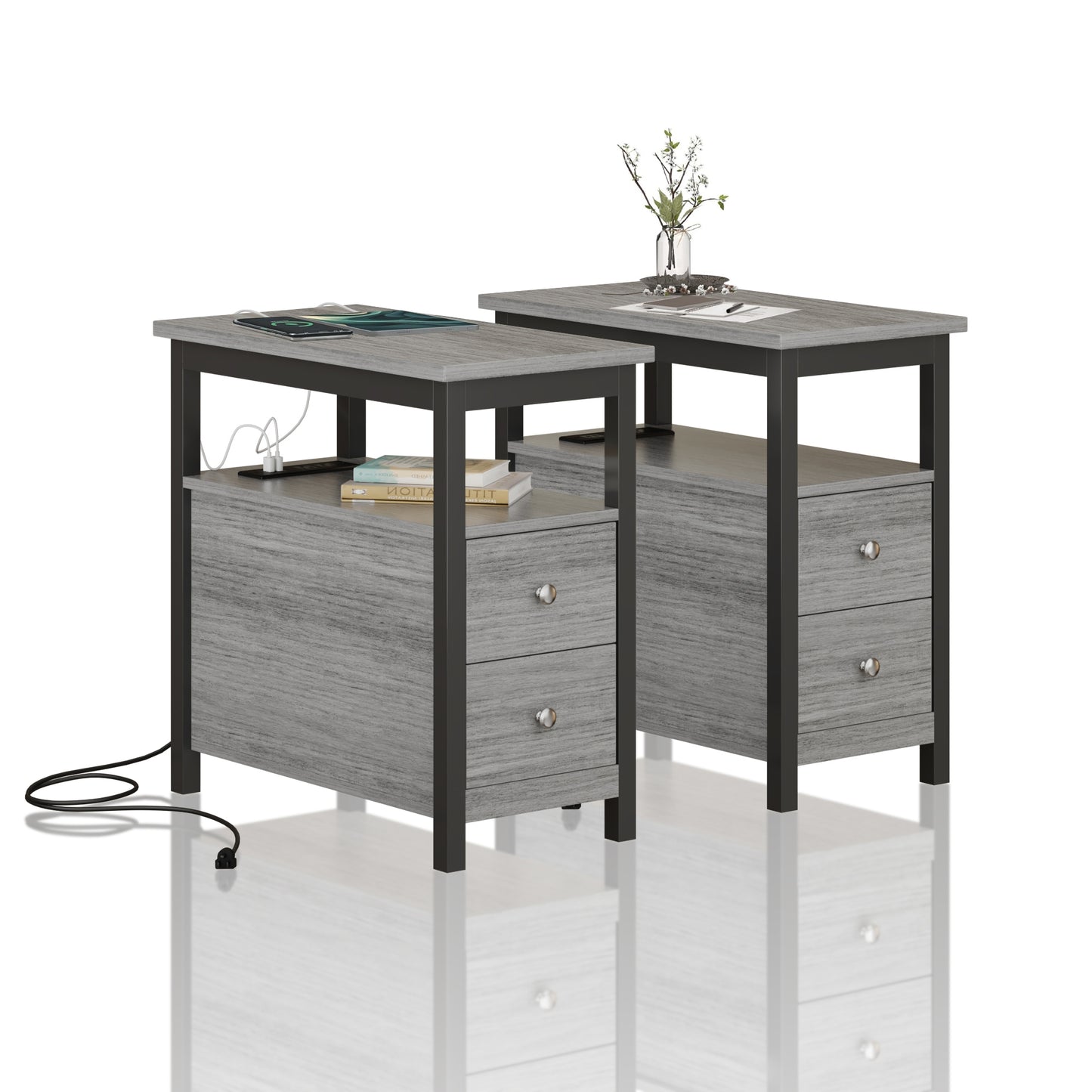 Modern 2-Drawer End Table with Charging Station & USB/Power Outlets, Living Room/Bedroom