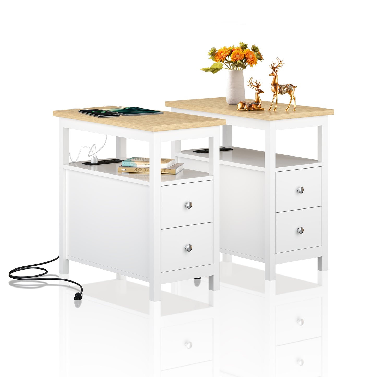 Modern 2-Drawer End Table with Charging Station & USB/Power Outlets, Living Room/Bedroom