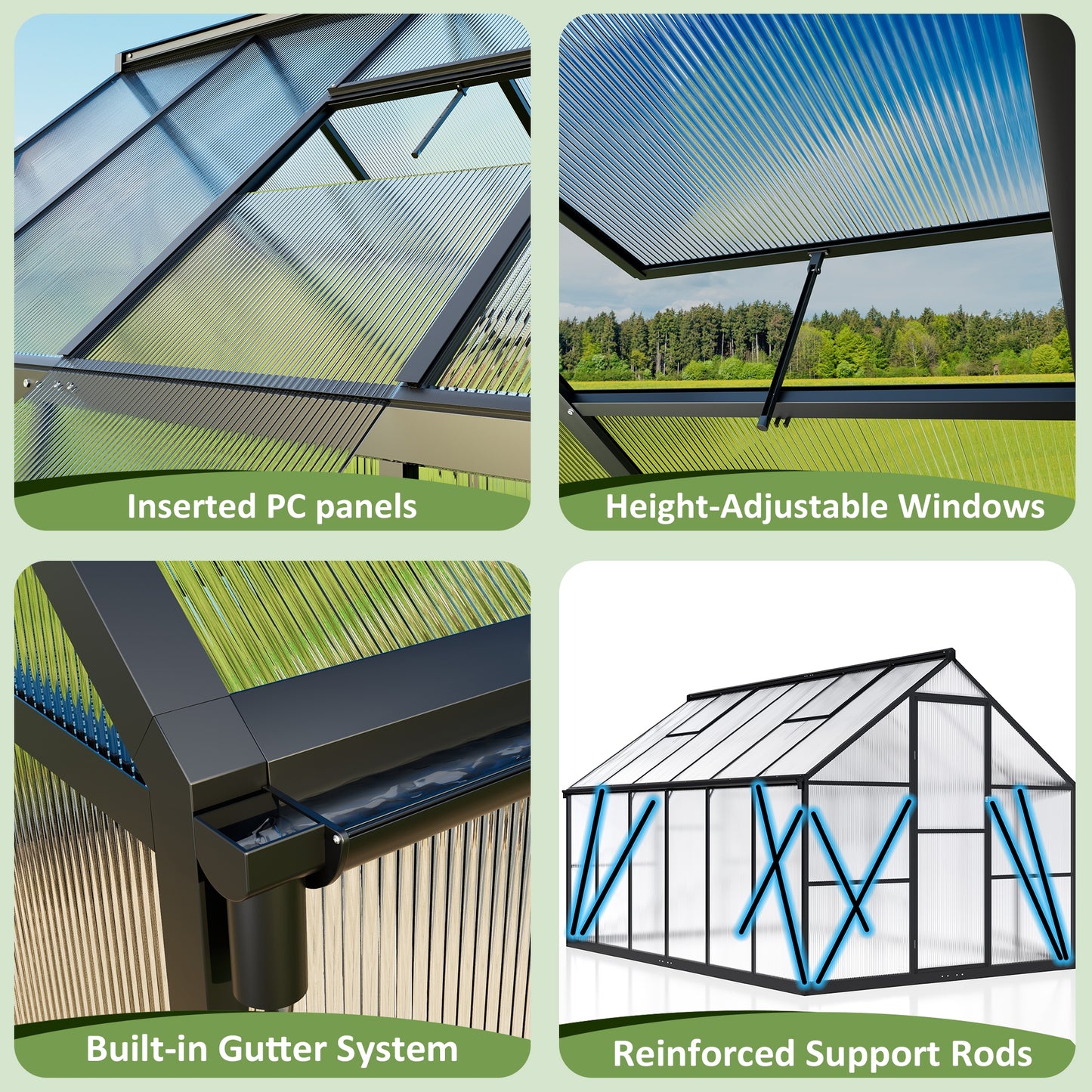 12' x 8' Polycarbonate Greenhouse, Large Aluminum Walk-in Green House with Window for Backyard