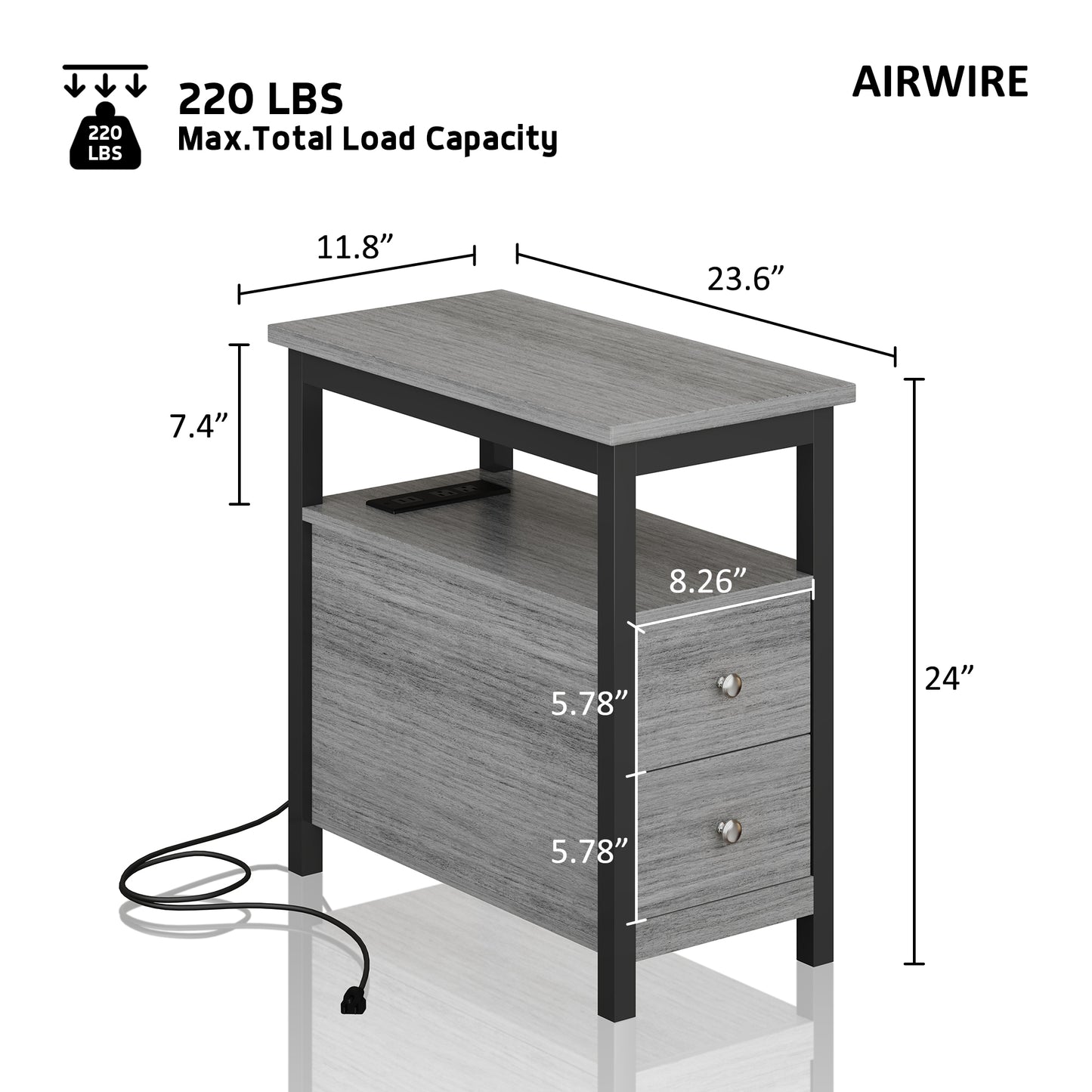 Modern 2-Drawer End Table with Charging Station & USB/Power Outlets, Living Room/Bedroom