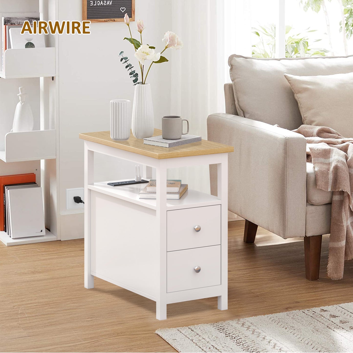 Modern 2-Drawer End Table with Charging Station & USB/Power Outlets, Living Room/Bedroom