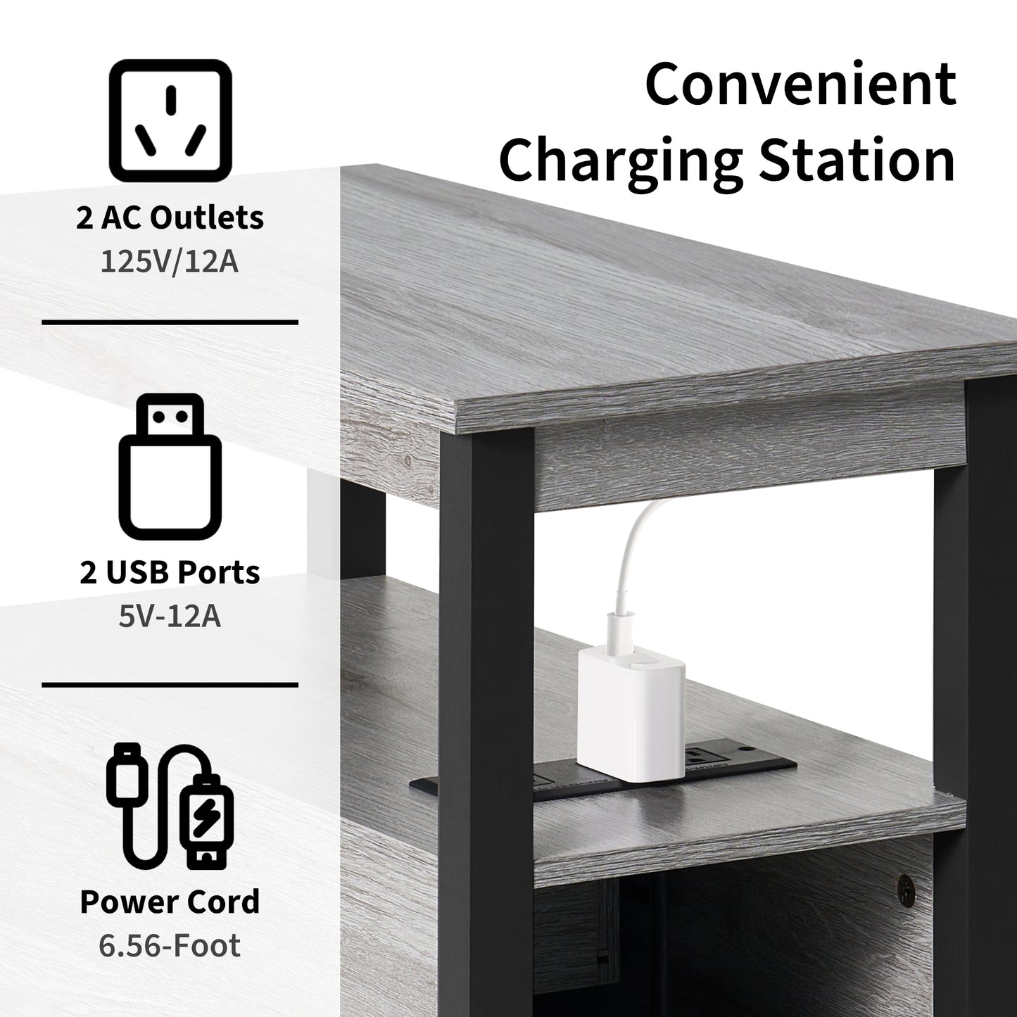 Modern 2-Drawer End Table with Charging Station & USB/Power Outlets, Living Room/Bedroom