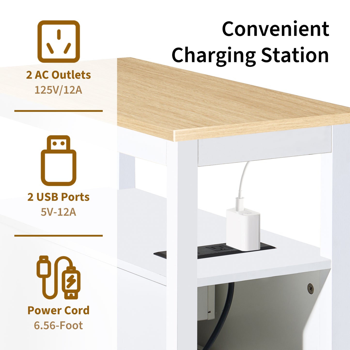 Modern 2-Drawer End Table with Charging Station & USB/Power Outlets, Living Room/Bedroom