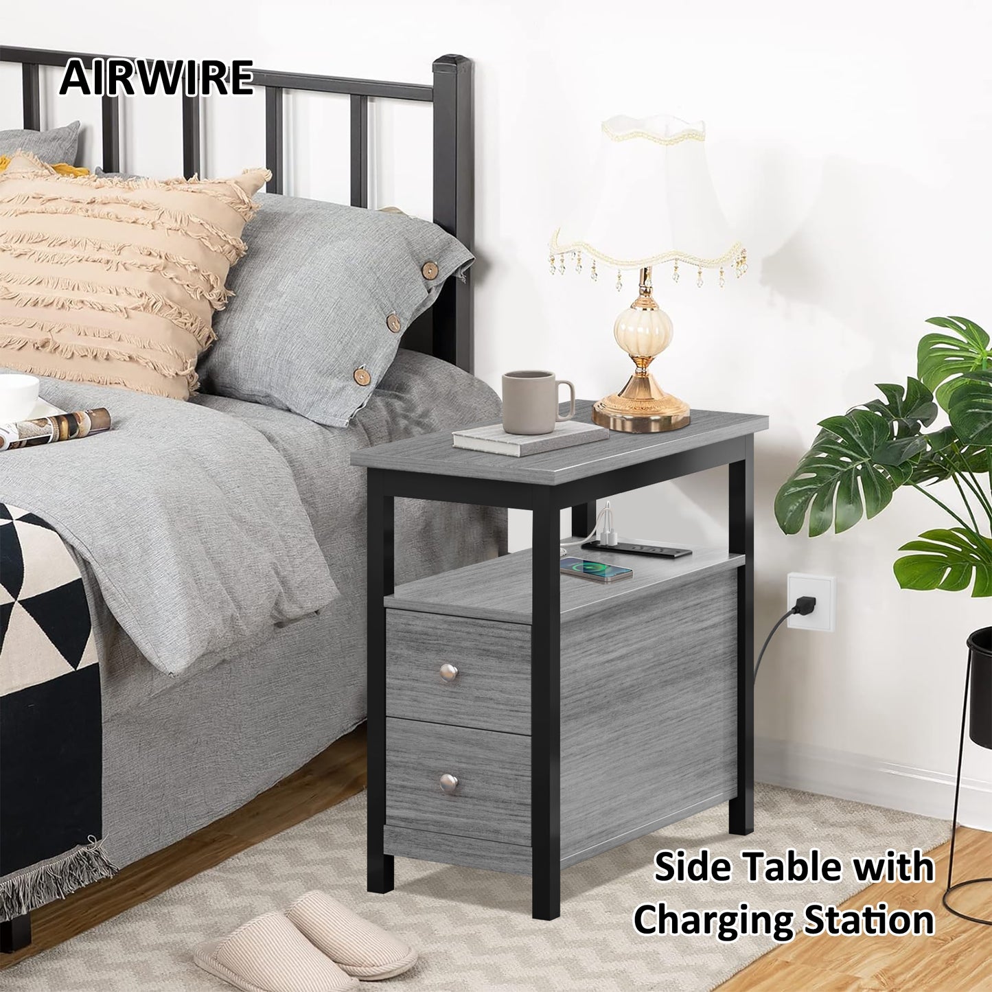 Modern 2-Drawer End Table with Charging Station & USB/Power Outlets, Living Room/Bedroom