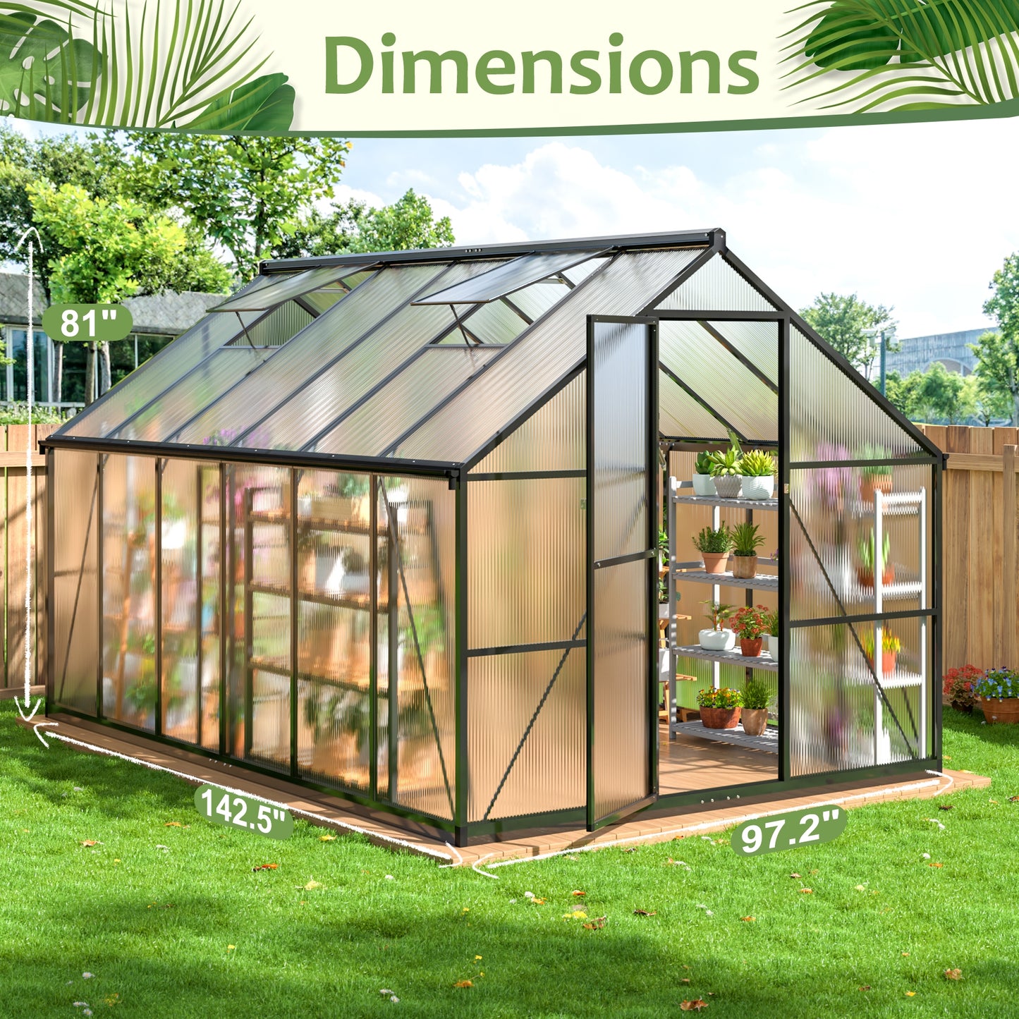 12' x 8' Polycarbonate Greenhouse, Large Aluminum Walk-in Green House with Window for Backyard