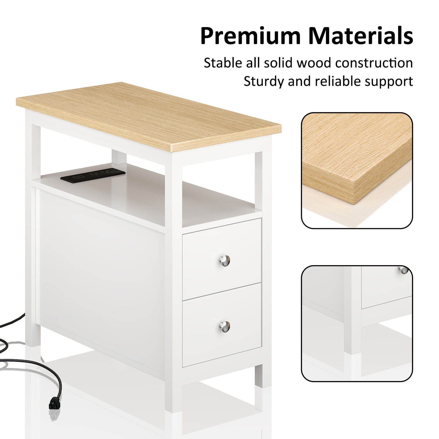 Modern 2-Drawer End Table with Charging Station & USB/Power Outlets, Living Room/Bedroom