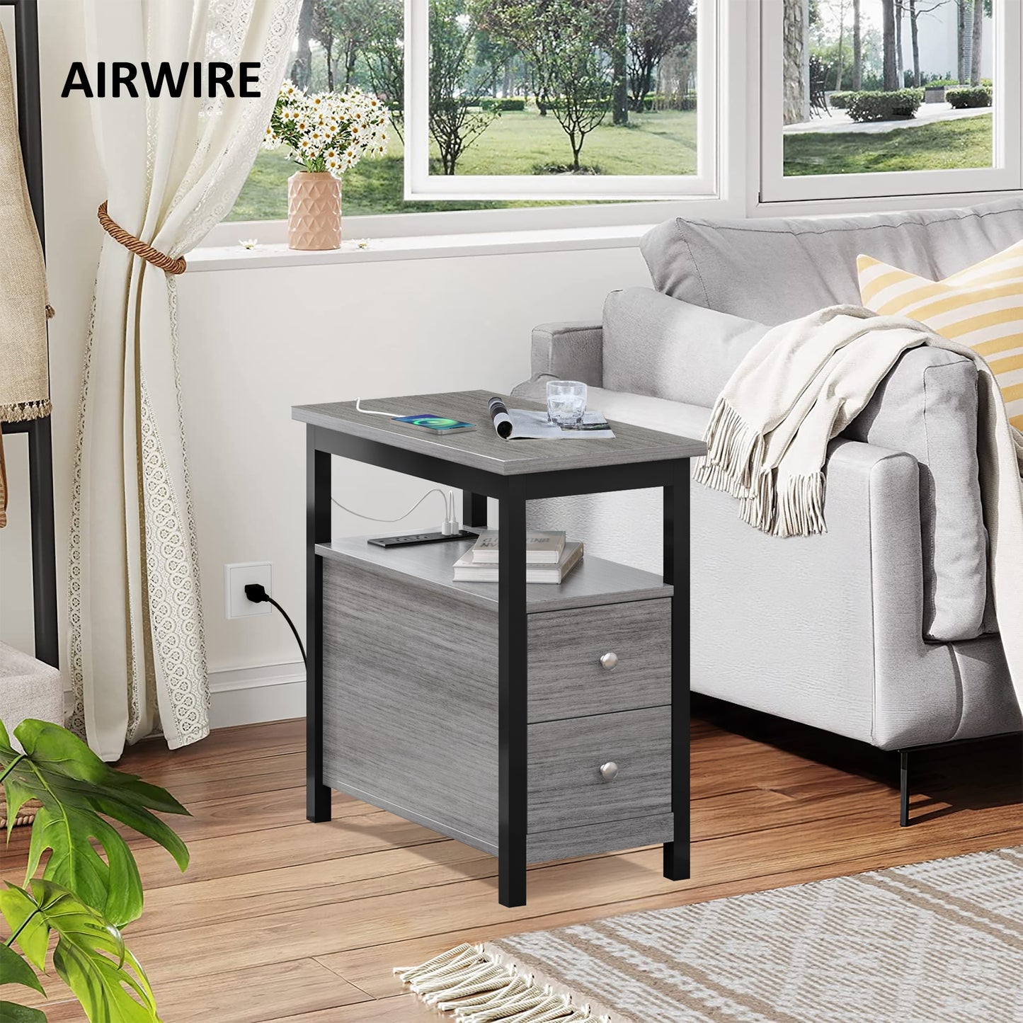 Modern 2-Drawer End Table with Charging Station & USB/Power Outlets, Living Room/Bedroom