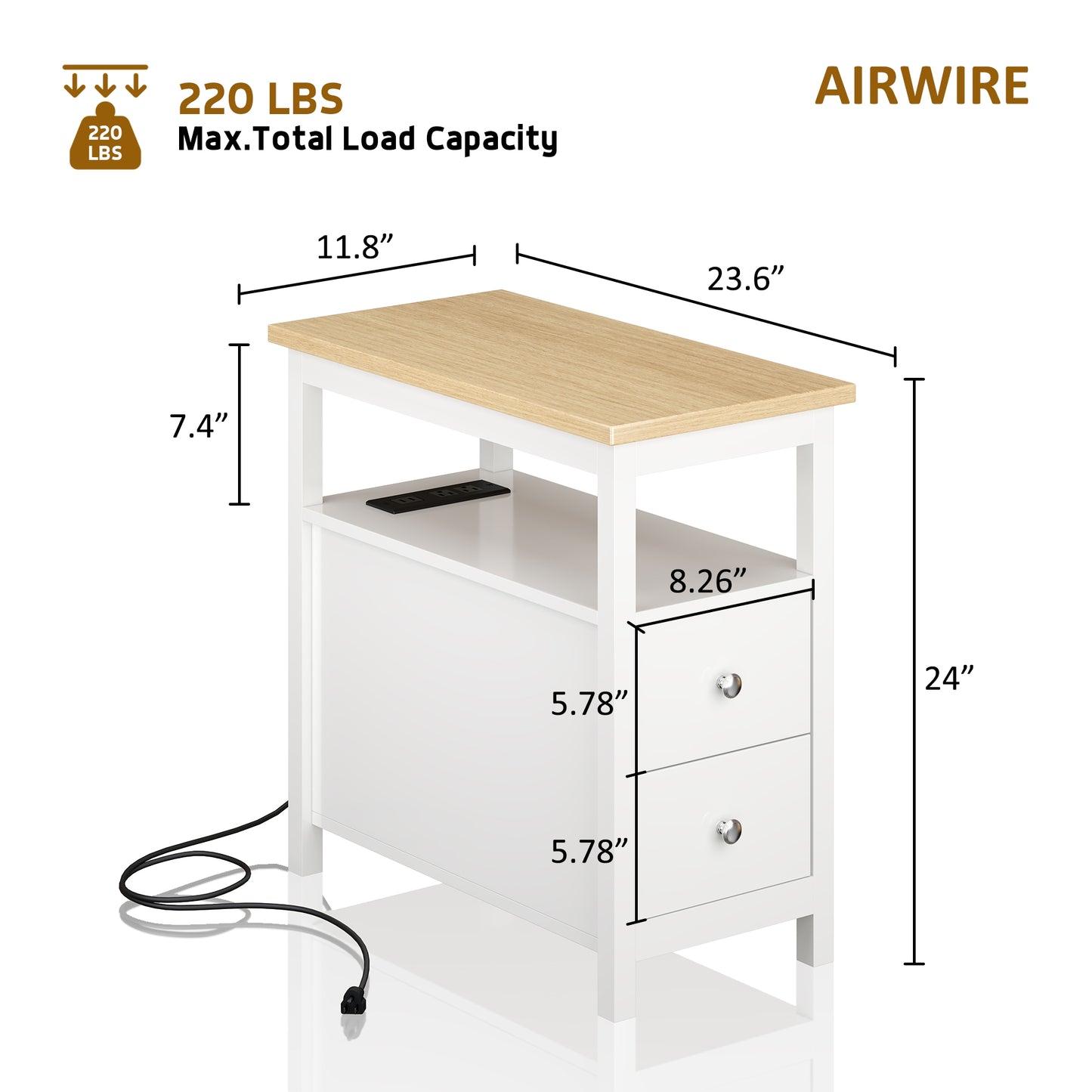 Modern 2-Drawer End Table with Charging Station & USB/Power Outlets, Living Room/Bedroom