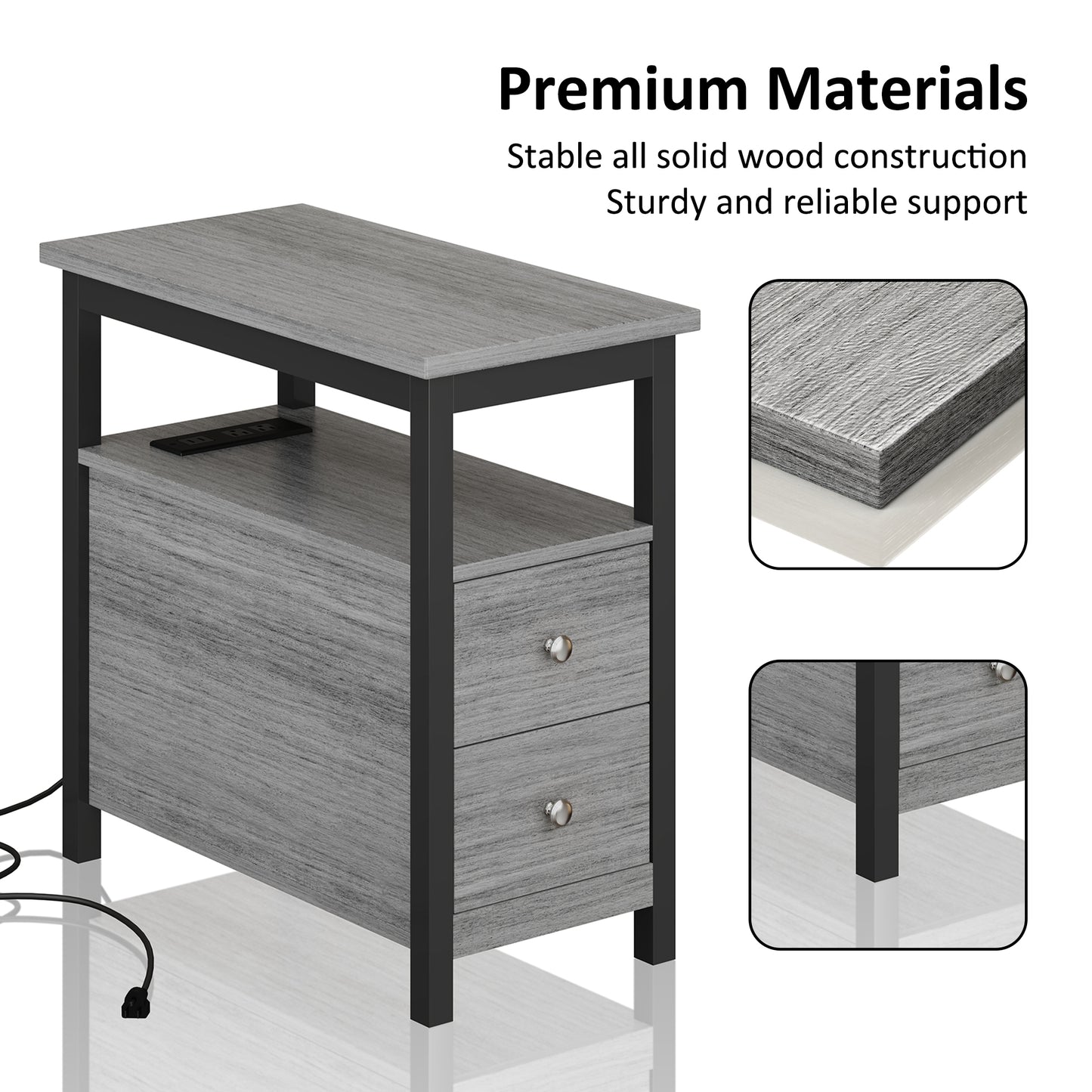 Modern 2-Drawer End Table with Charging Station & USB/Power Outlets, Living Room/Bedroom