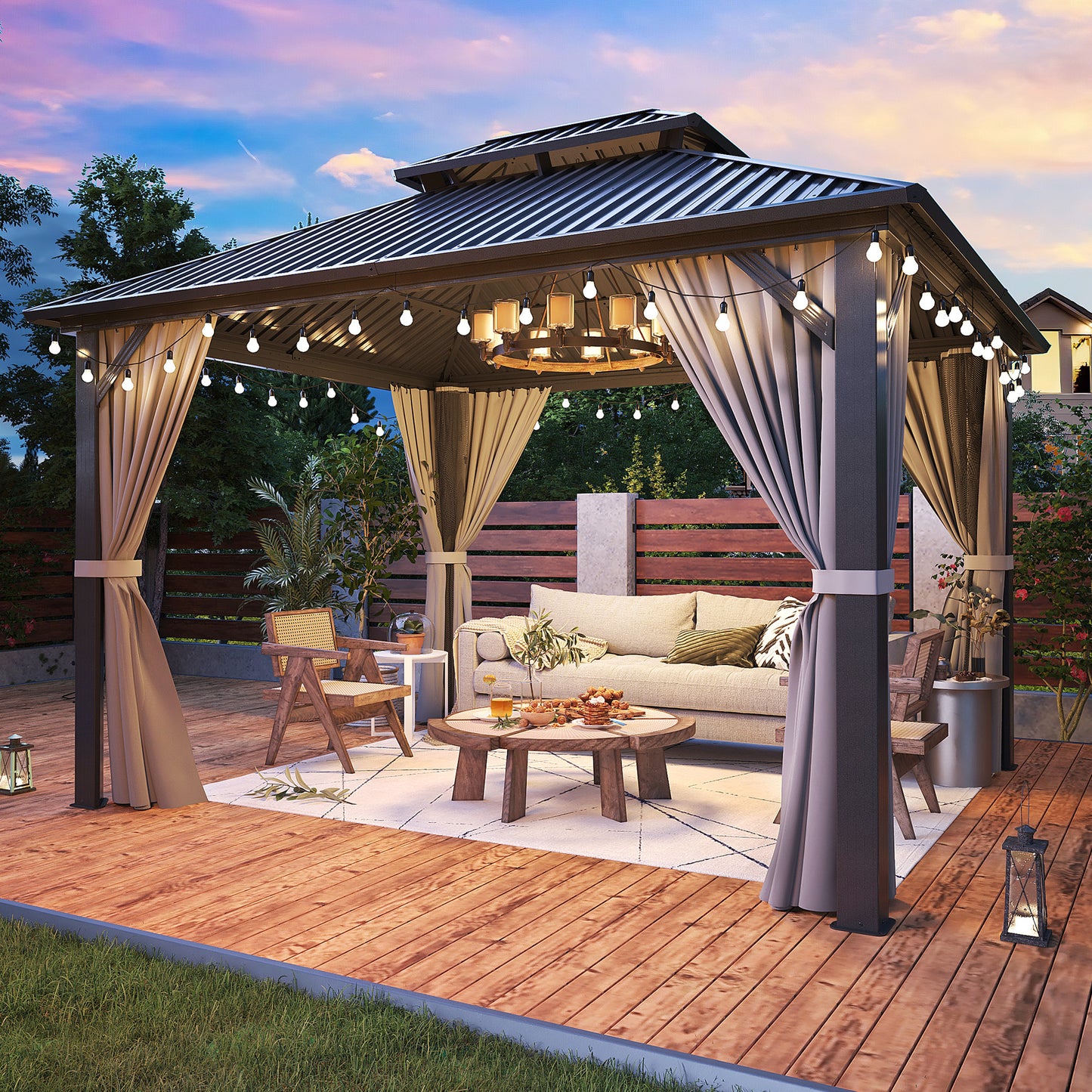 MUCHANT 10'x12' Hardtop Gazebo with Aluminum Frame, Permanent Outdoor Pavilion Metal Gazebo with Galvanized Steel Double Roof & Mosquito Netting and Curtains for Patios, Gardens, Lawns, Grey