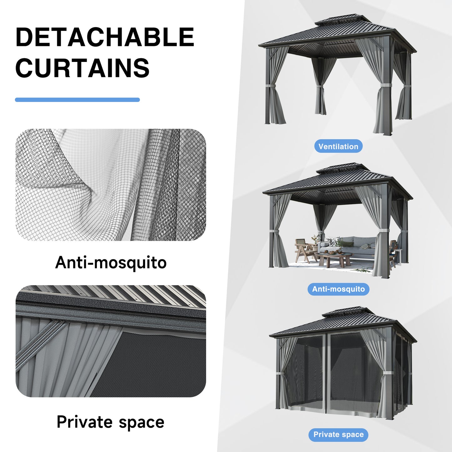 MUCHANT 10'x12' Hardtop Gazebo with Aluminum Frame, Permanent Outdoor Pavilion Metal Gazebo with Galvanized Steel Double Roof & Mosquito Netting and Curtains for Patios, Gardens, Lawns, Grey
