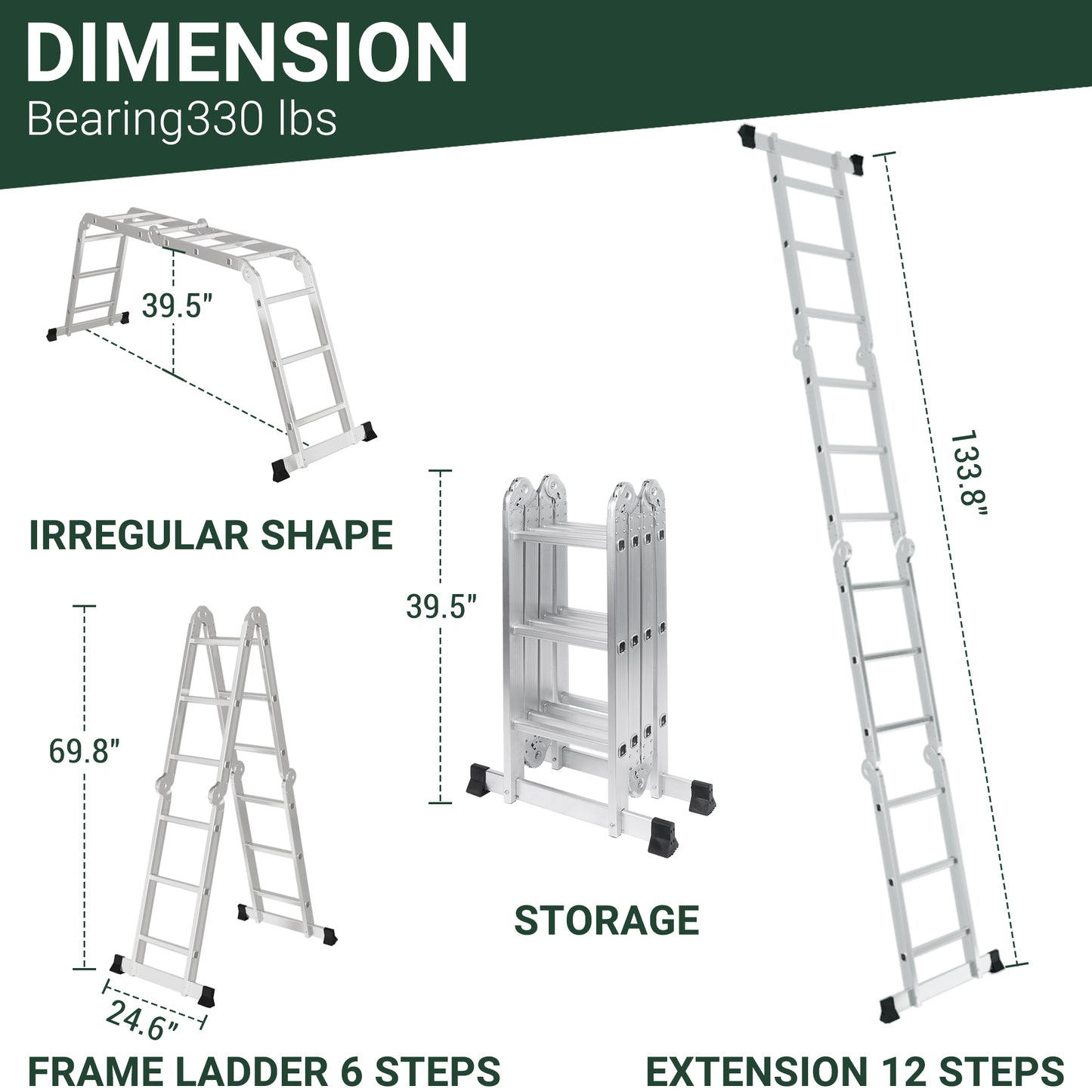 NETAJE 12.5ft 7 in 1 Multi-Purpose Ladder W/Anti-Slip Feet, EN 131 Standard 330LB Capacity, Folding Aluminium Extension Ladder