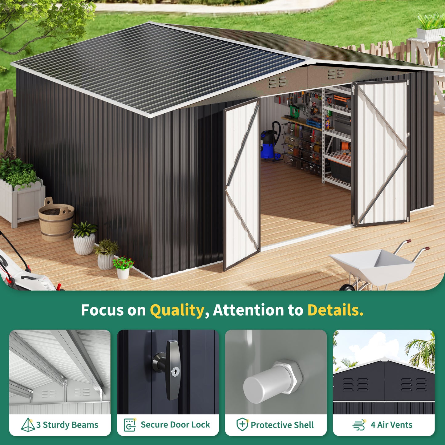 NETAJE 12'x14' Outdoor Metal Shed with Lockable Doors and Updated Frame for Backyard, Garden, Lawn, Black