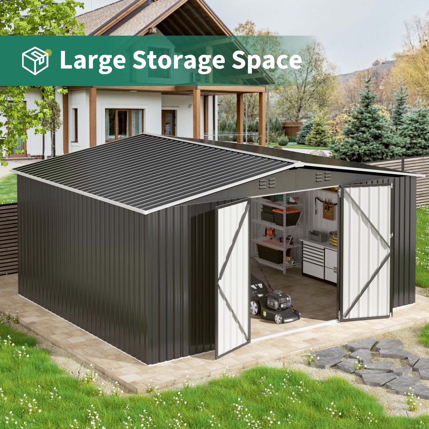 NETAJE 12'x14' Outdoor Metal Shed with Lockable Doors and Updated Frame for Backyard, Garden, Lawn, Black