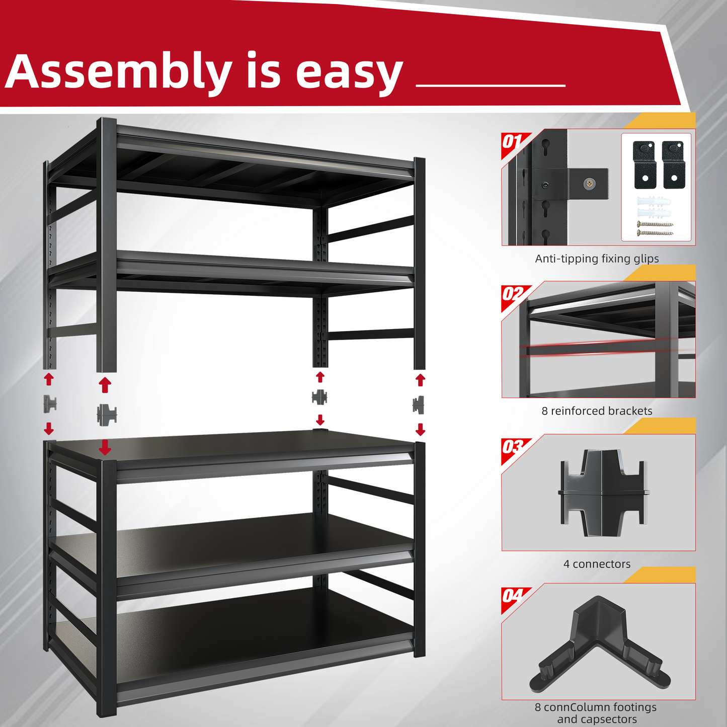 NETAJE 5-Tier 71.65“ H x 24.2” D x 47.24” W Adjustable Heavy Duty Metal Storage Racks and Shelving Unit, 2500LBS Capacity, for Garages, Storage Rooms, Kitchen